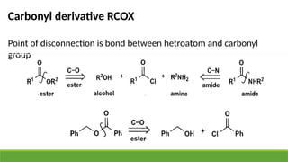 Carbonyl derivative RCOX
Point of disconnection is bond between hetroatom and carbonyl
group
 