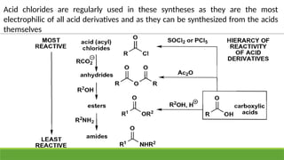 Acid chlorides are regularly used in these syntheses as they are the most
electrophilic of all acid derivatives and as they can be synthesized from the acids
themselves
 