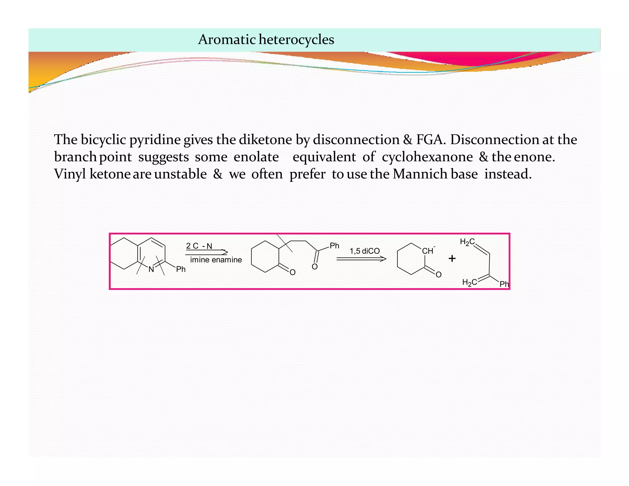 The bicyclic pyridine gives the diketone by disconnection & FGA. Disconnection at the
branchpoint suggests some enolate equivalent of cyclohexanone & the enone.
Vinyl ketoneare unstable & we often prefer to use the Mannich base instead.
N O
Ph
O
CH
-
O
H2C
H2C Ph
+
1,5 diCO
2 C - N
imine enamine
Ph
Aromatic heterocycles
 