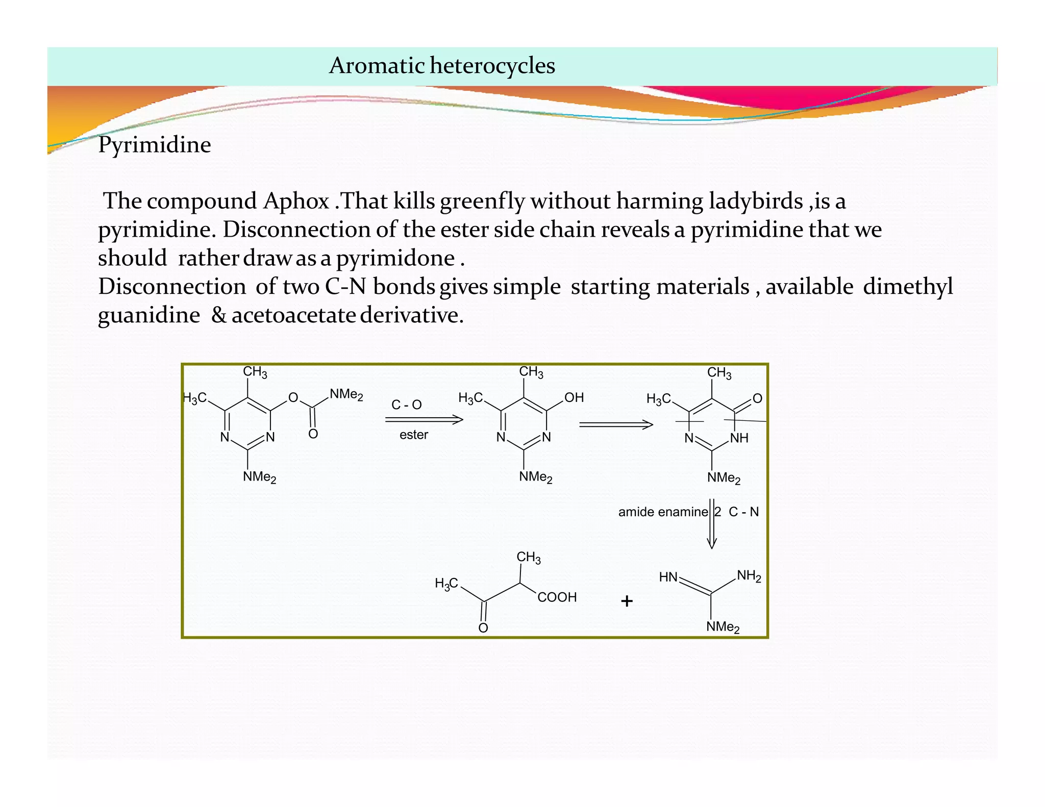 Pyrimidine
The compound Aphox .That kills greenfly without harming ladybirds ,is a
pyrimidine. Disconnection of the ester side chain reveals a pyrimidine that we
should ratherdrawas a pyrimidone .
Disconnection of two C-N bonds gives simple starting materials , available dimethyl
guanidine & acetoacetatederivative.
N
N
CH3
H3C
NMe2
O NMe2
O
C - O
ester N
N
CH3
H3C
NMe2
OH
NH
N
CH3
H3C
NMe2
O
HN NH2
NMe2
+
H C
3
O
COOH
CH3
amide enamine 2 C - N
Aromatic heterocycles
 