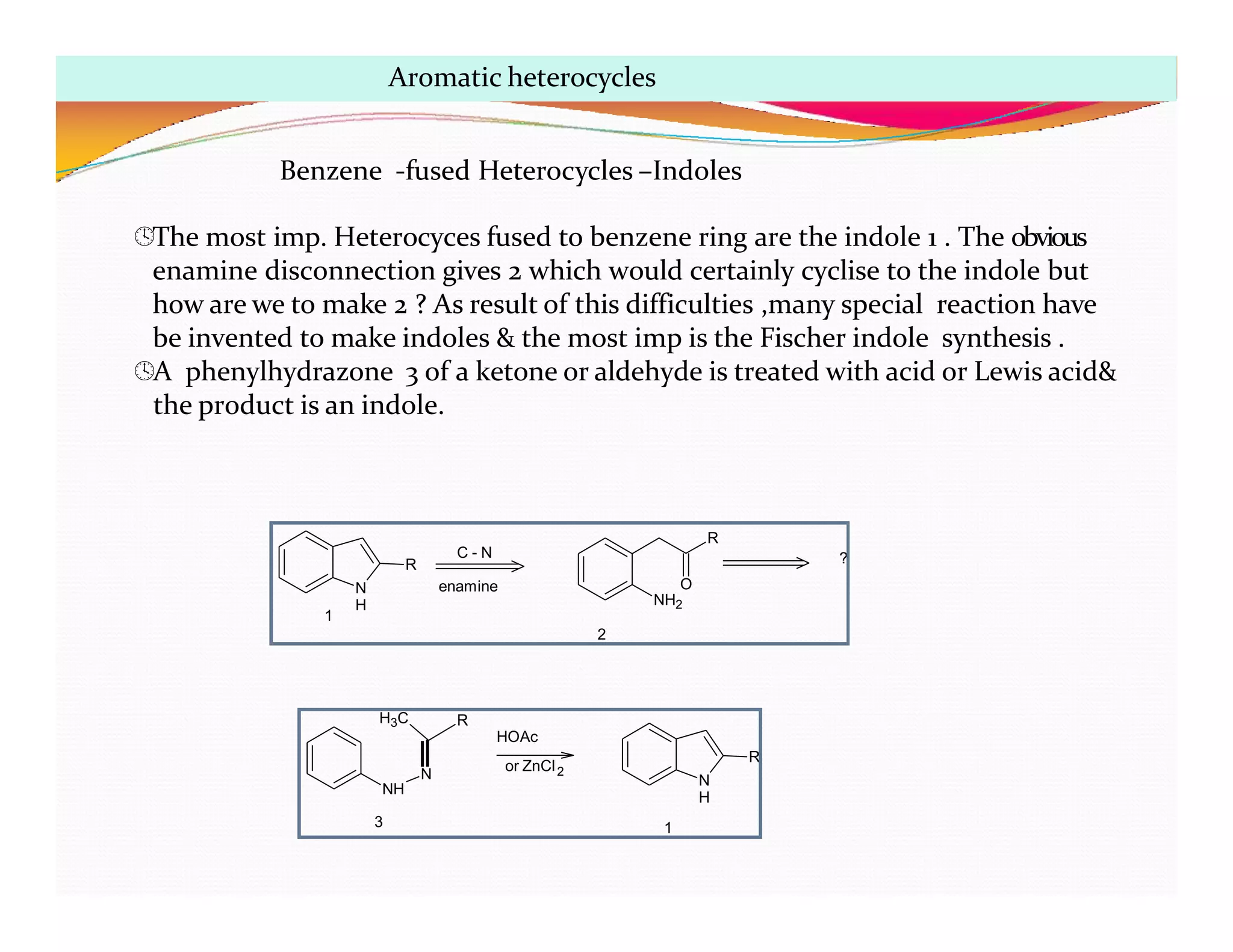 Benzene -fused Heterocycles –Indoles
The most imp. Heterocyces fused to benzene ring are the indole 1 . The obvious
enamine disconnection gives 2 which would certainly cyclise to the indole but
how are we to make 2 ? As result of this difficulties ,many special reaction have
be invented to make indoles & the most imp is the Fischer indole synthesis .
A phenylhydrazone 3 of a ketone or aldehyde is treated with acid or Lewis acid&
the product is an indole.
N
H
R
R
O
NH2
?
C - N
enamine
1
2
NH
N
H3C R
N
H
R
HOAc
or ZnCl2
3 1
Aromatic heterocycles
 