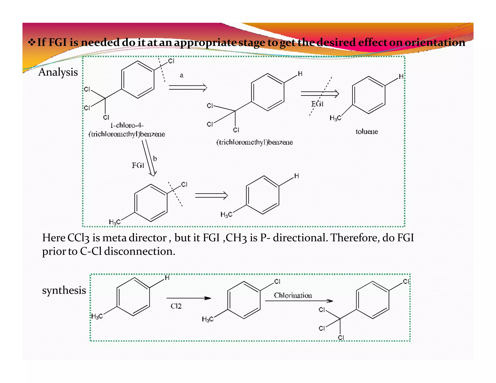 If FGI is needed do itatan appropriatestage toget thedesired effectonorientation
Analysis
Here CCl3 is meta director , but it FGI ,CH3 is P- directional. Therefore, do FGI
priorto C-Cl disconnection.
synthesis
 
