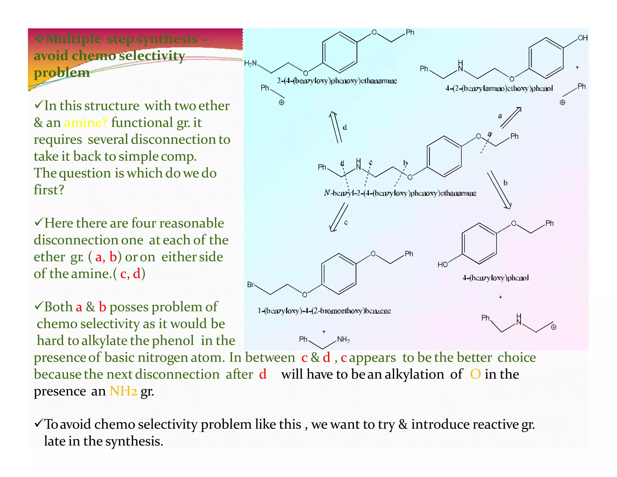 Multiple stepsynthesis –
avoid chemo selectivity
problem
In this structure with twoether
& an amine? functional gr. it
requires several disconnection to
take it back to simplecomp.
Thequestion is which dowedo
first?
Here there are four reasonable
disconnection one ateach of the
ether gr. ( a, b) oron eitherside
of the amine.( c, d)
Both a & b posses problem of
chemo selectivity as it would be
hard toalkylate the phenol in the
presenceof basic nitrogen atom. In between c & d , cappears to be the better choice
becausethe nextdisconnection after d will have to bean alkylation of O in the
presence an NH2 gr.
Toavoid chemo selectivity problem like this , we want to try & introduce reactive gr.
late in the synthesis.
 