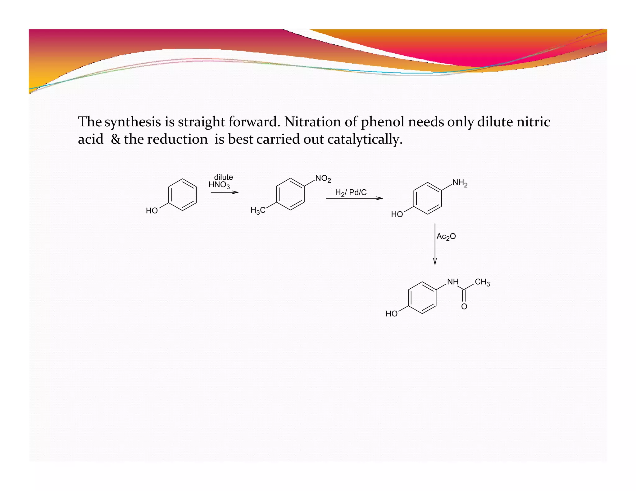 The synthesis is straight forward. Nitration of phenol needs only dilute nitric
acid & the reduction is best carried out catalytically.
HO H3C
NO2 NH2
HO
HO
NH CH3
O
dilute
HNO3
H2/ Pd/C
Ac2O
 