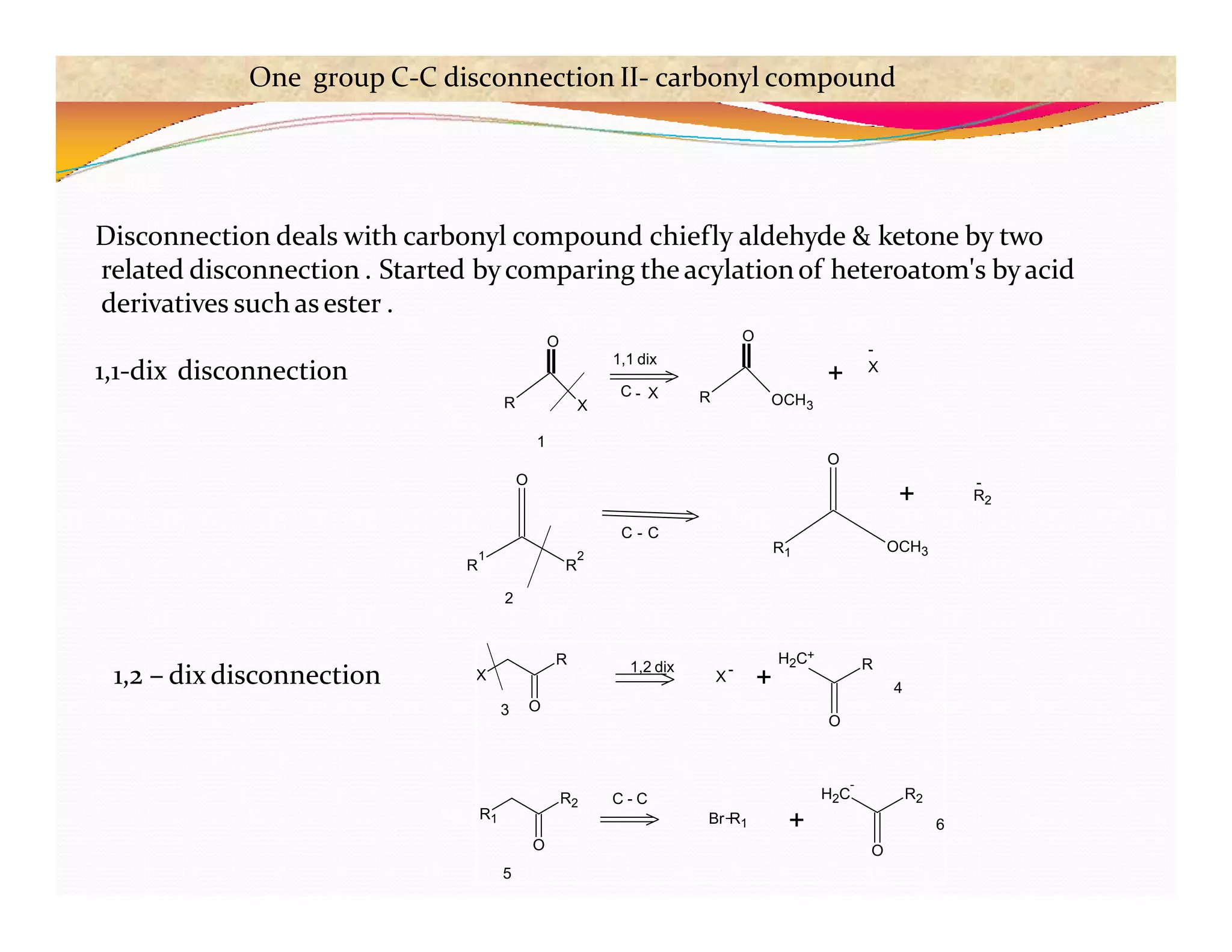 R X
O
R OCH3
O
+ X
-
1,1 dix
C - X
1
R
1
R
2
O
R1 OCH3
O
+ R2
-
C - C
2
One group C-C disconnection II- carbonyl compound
Disconnection deals with carbonyl compound chiefly aldehyde & ketone by two
related disconnection . Started bycomparing the acylationof heteroatom's byacid
derivatives such asester .
1,1-dix disconnection
1,2 – dix disconnection X
R
O
H2C
+
+
R
O
X-
1,2 dix
R1
R2
O
Br R1 +
H2C
-
R2
O
4
6
C - C
3
5
 