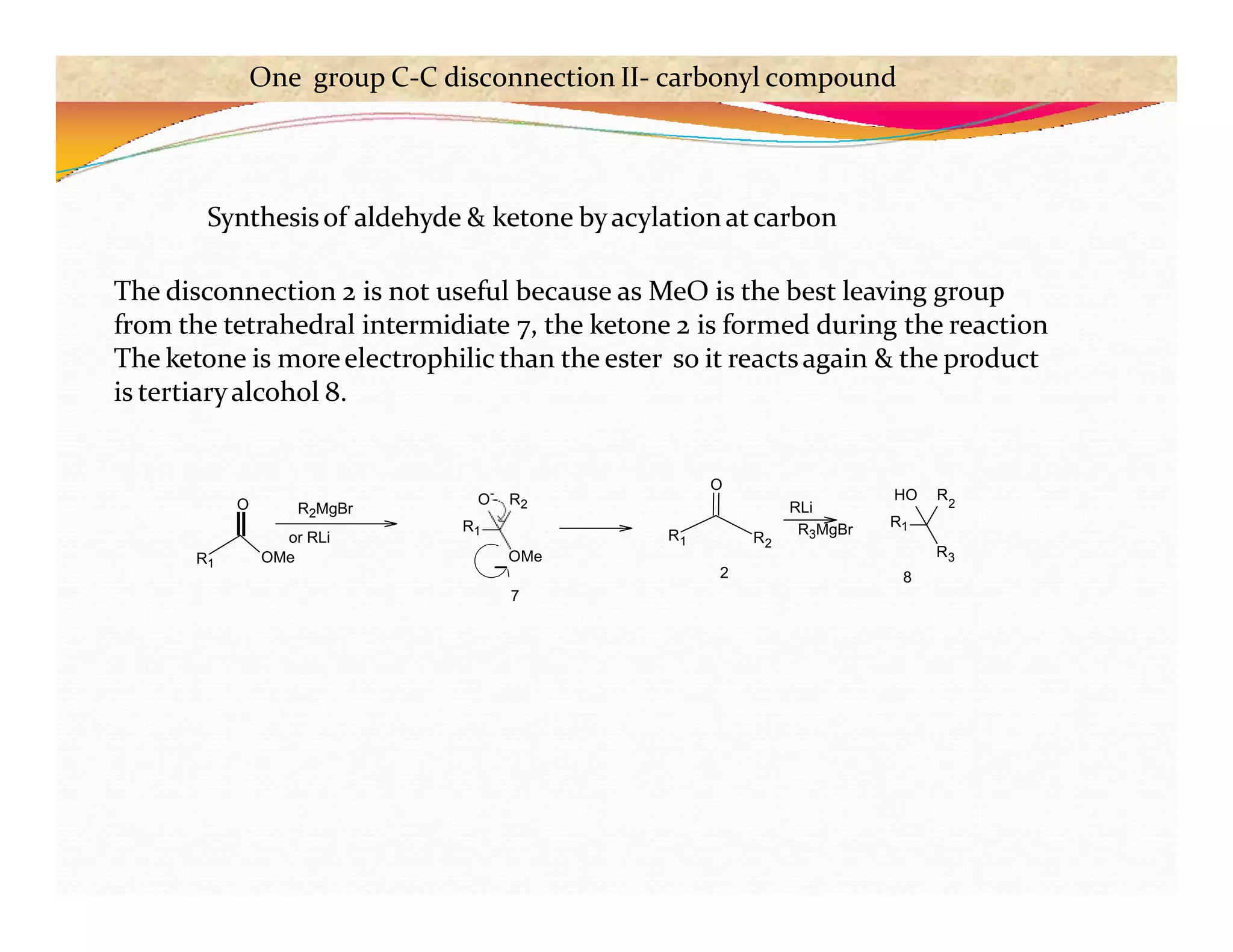 Synthesisof aldehyde & ketone byacylationat carbon
The disconnection 2 is not useful because as MeO is the best leaving group
from the tetrahedral intermidiate 7, the ketone 2 is formed during the reaction
The ketone is moreelectrophilic than the ester so it reactsagain & the product
is tertiaryalcohol 8.
R1
O
OMe
O R2
R1
-
R1 R2
O
R3
2
HO R
R1
R2MgBr
or RLi
OMe
RLi
R3MgBr
7
2 8
One group C-C disconnection II- carbonyl compound
 