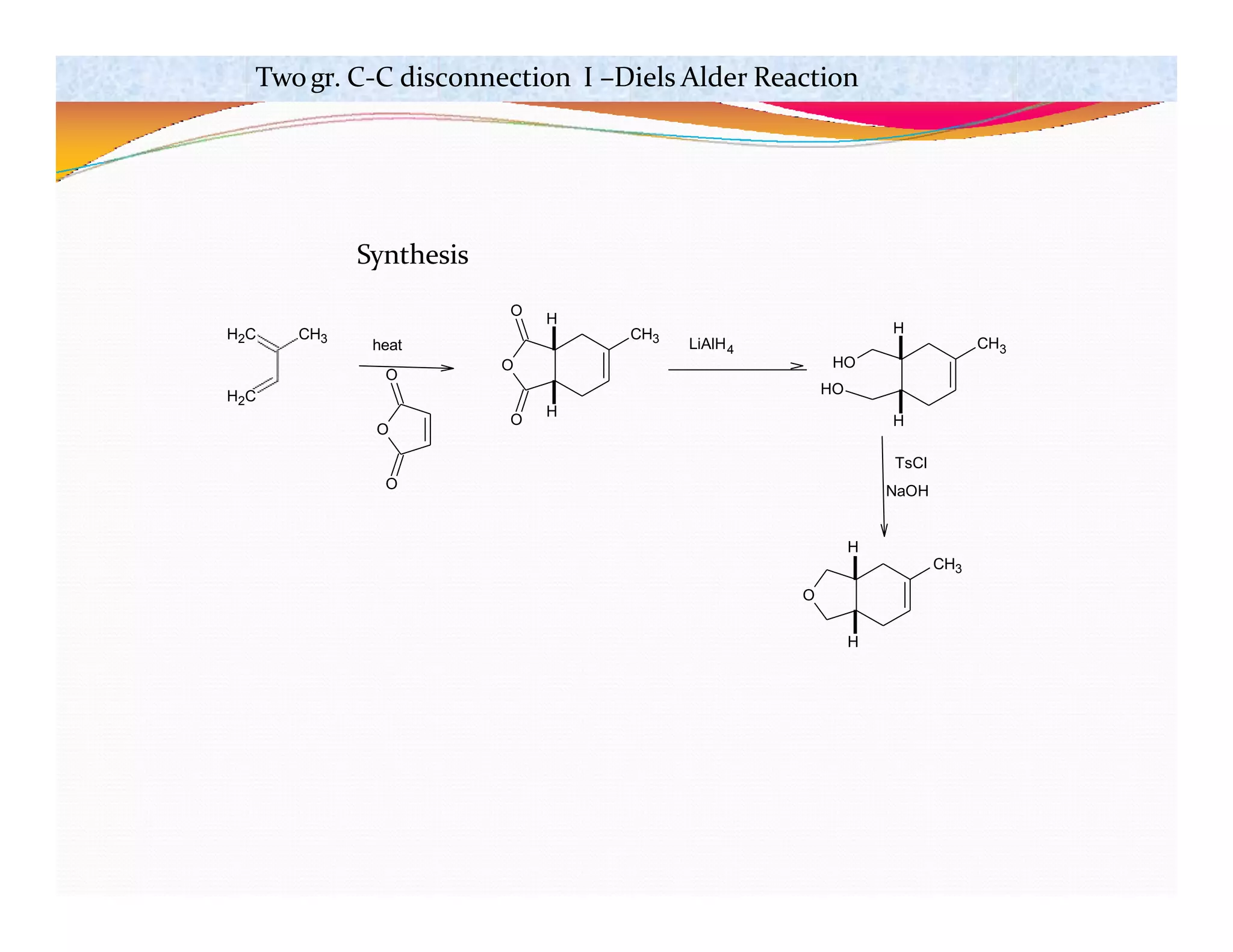 Twogr. C-C disconnection I –Diels Alder Reaction
H2C
H2C
CH3
O
O
O
heat
O
H
H
CH3
O
O
H
H
CH3
HO
HO
H
CH3
O
H
LiAlH4
TsCl
NaOH
Synthesis
 