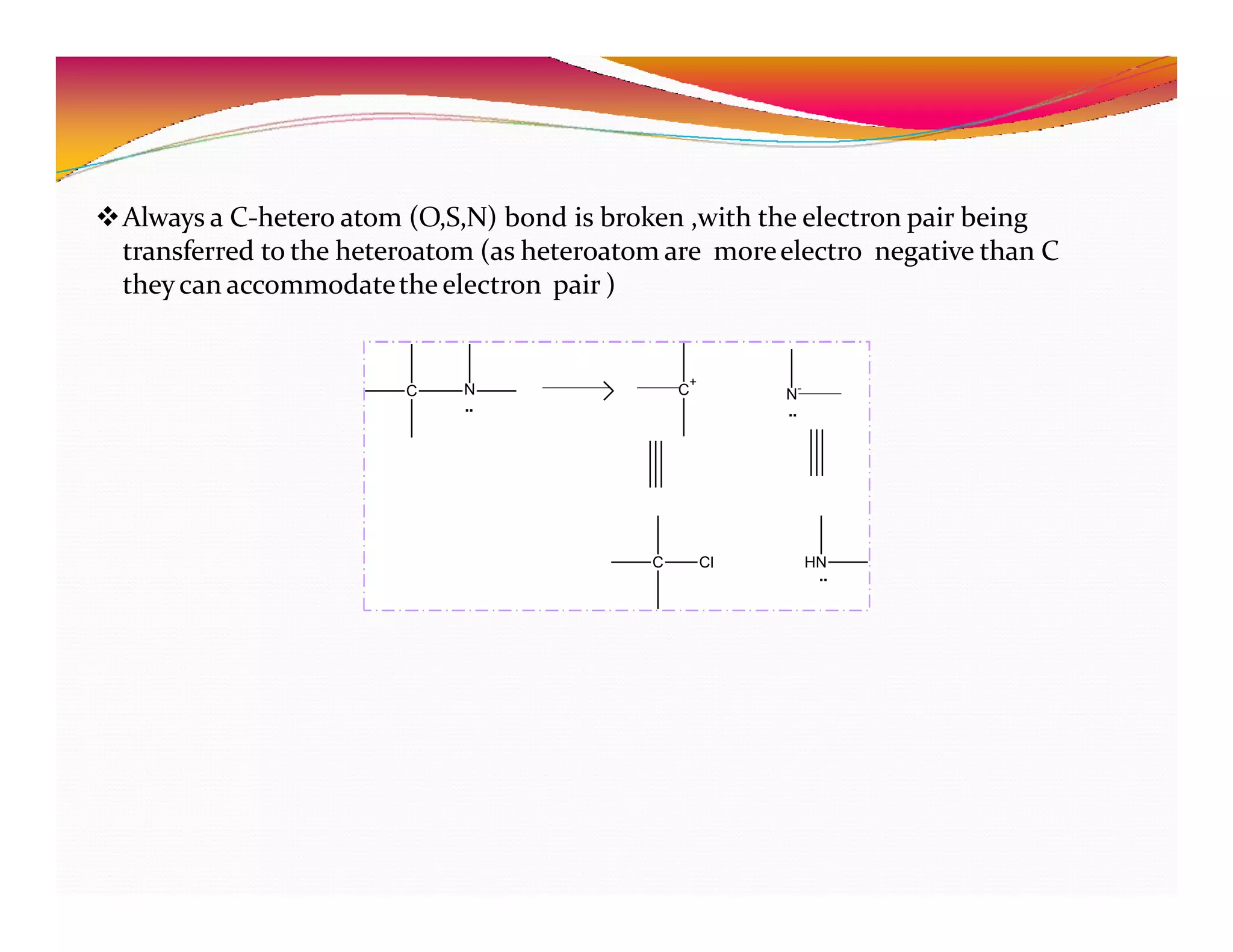 Always a C-hetero atom (O,S,N) bond is broken ,with the electron pair being
transferred to the heteroatom (as heteroatom are moreelectro negative than C
theycan accommodatethe electron pair )
C C
+ -
C Cl HN
N
..
N
..
..
 