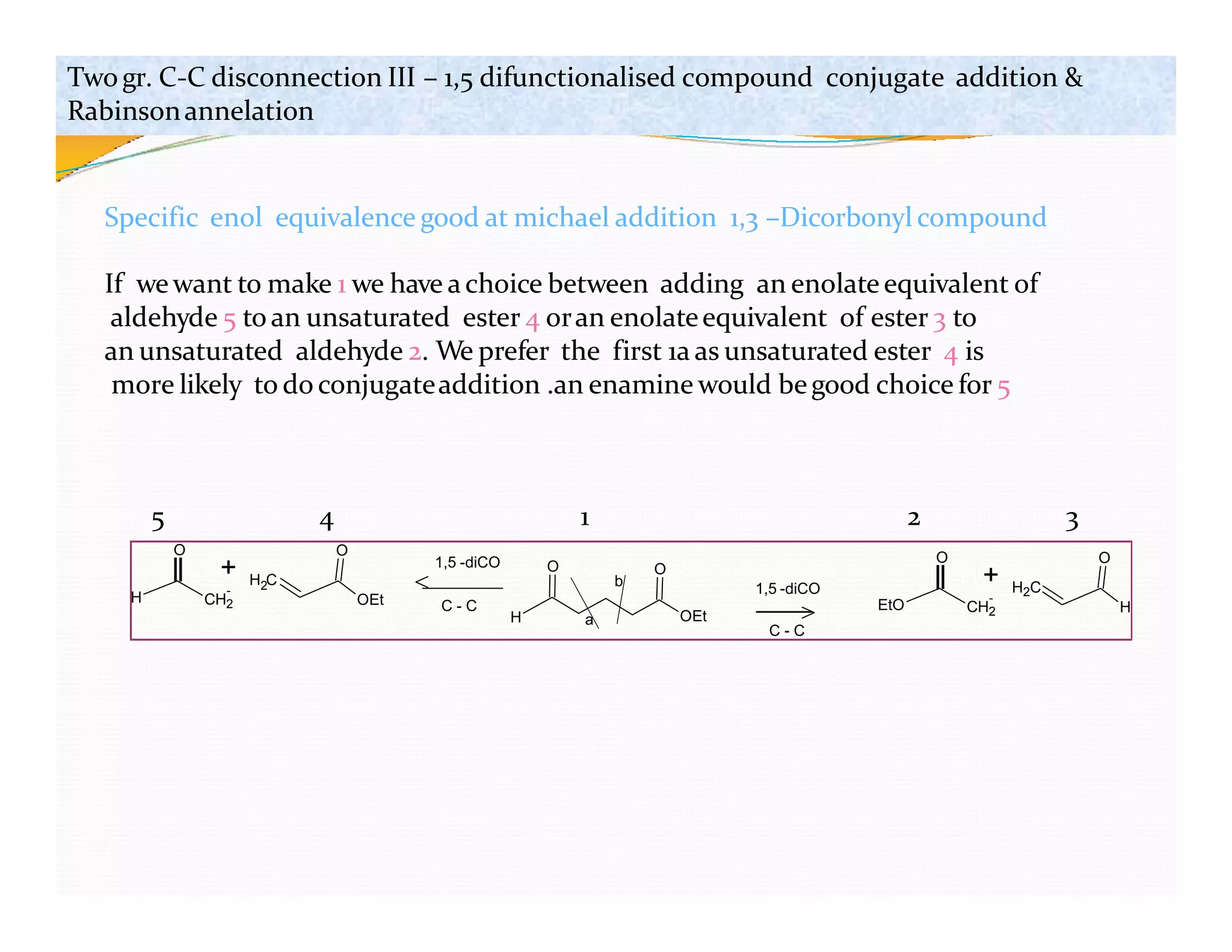 H OEt
O O
a
b
H
-
O
H C
2
OEt
O
+
CH2 EtO
-
O
H2C
H
O
+
CH2
1,5 -diCO
C - C
1,5 -diCO
C - C
Specific enol equivalence good at michael addition 1,3 –Dicorbonyl compound
If wewant to make 1 we have achoice between adding an enolateequivalent of
aldehyde 5 to an unsaturated ester 4 oran enolateequivalent of ester 3 to
an unsaturated aldehyde 2. We prefer the first 1a as unsaturated ester 4 is
more likely to do conjugateaddition .an enamine would begood choice for 5
1 2 3
4
5
Twogr. C-C disconnection III – 1,5 difunctionalised compound conjugate addition &
Rabinsonannelation
 