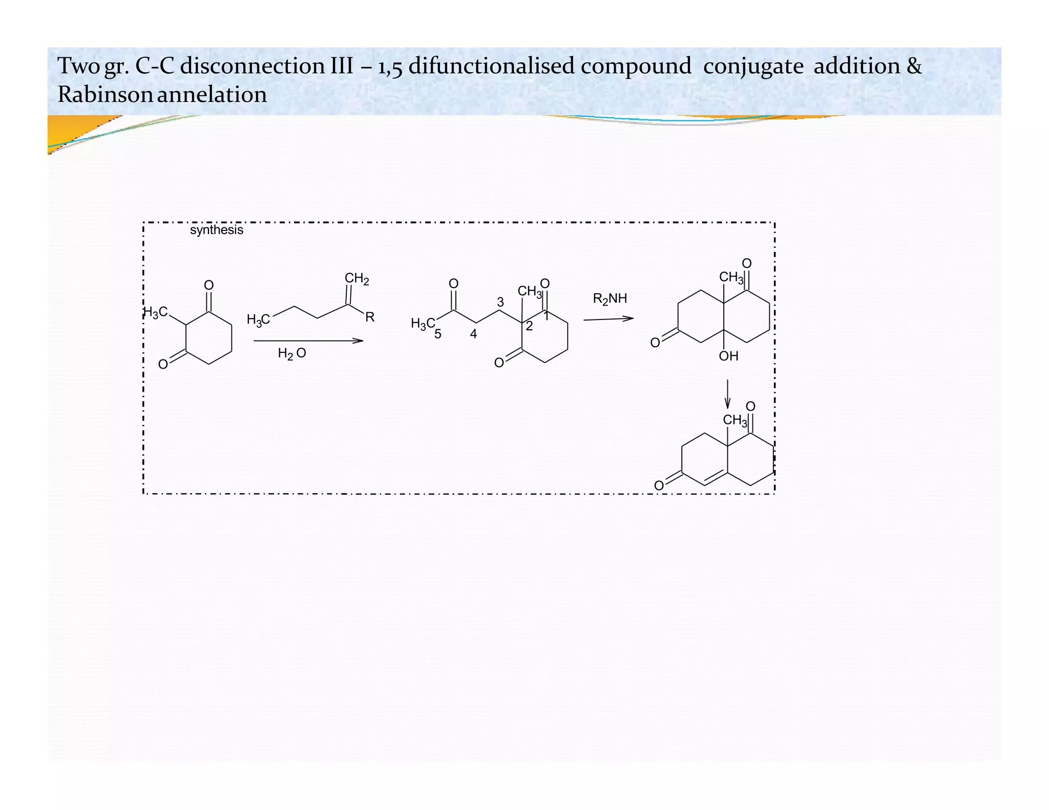 synthesis
O
O
H3C
H C
3
R
CH2
H3C
O
O
O
CH3
1
2
3
4
5
R2NH
O
O
CH3
OH
H2 O
O
O
CH3
Twogr. C-C disconnection III – 1,5 difunctionalised compound conjugate addition &
Rabinsonannelation
 
