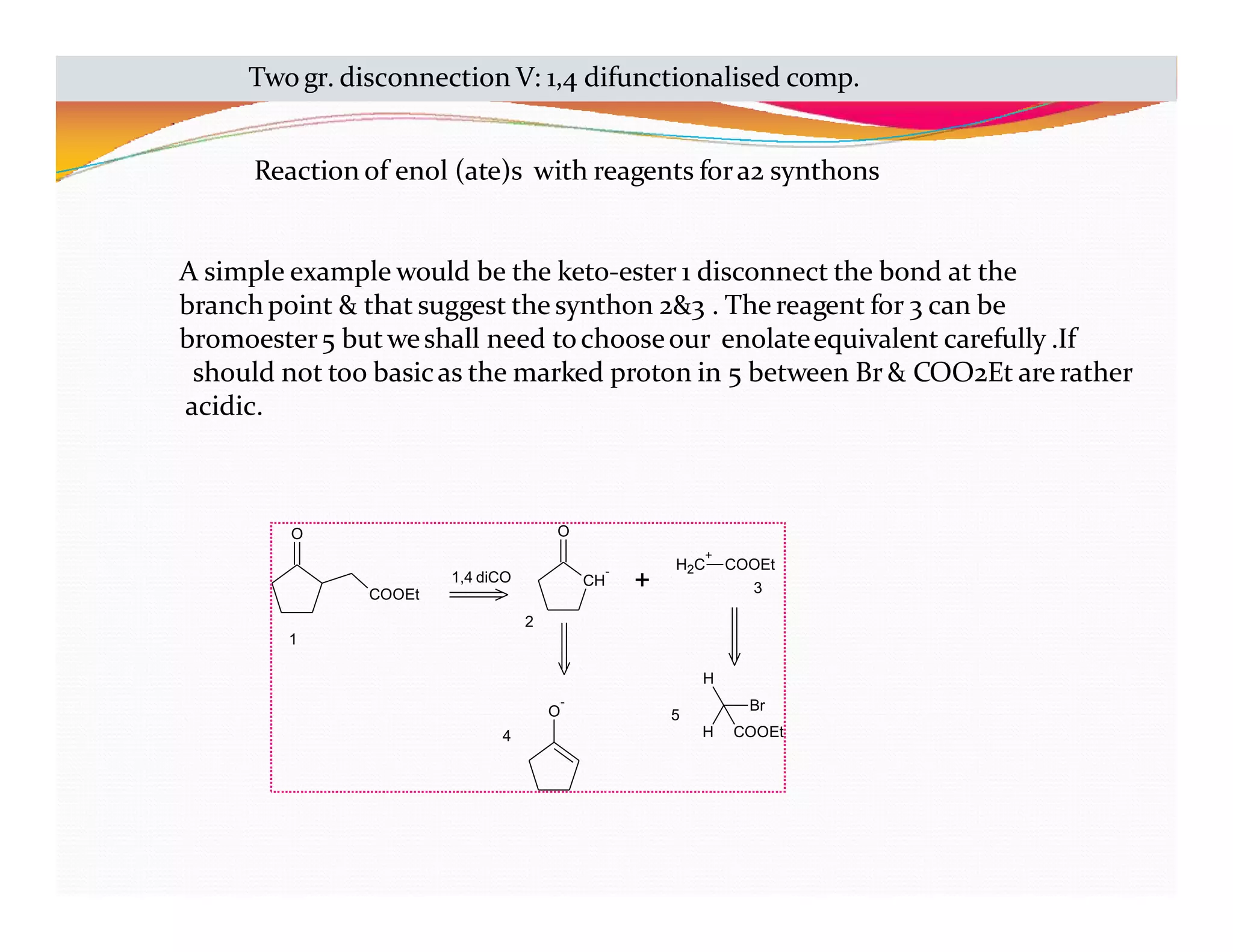 O
COOEt
CH
-
O
+
+
O
-
H
Br
H COOEt
1,4 diCO
1
2
H2C COOEt
3
4
5
Reaction of enol (ate)s with reagents fora2 synthons
A simple example would be the keto-ester 1 disconnect the bond at the
branchpoint & that suggest the synthon 2&3 . The reagent for 3 can be
bromoester5 butweshall need tochooseour enolateequivalent carefully .If
should not too basicas the marked proton in 5 between Br & COO2Et are rather
acidic.
Two gr. disconnection V: 1,4 difunctionalised comp.
 