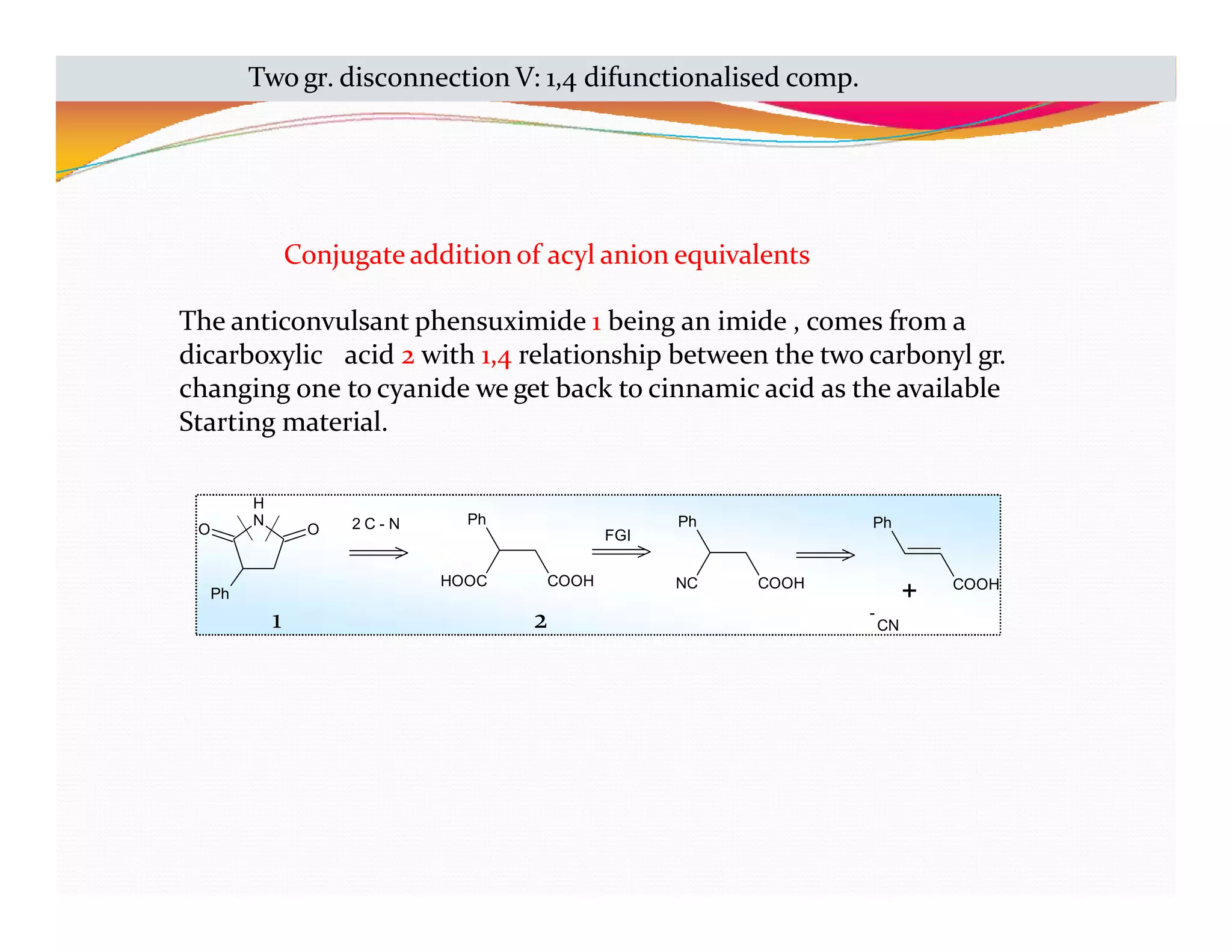 H
N
O
O
Ph
Ph
HOOC COOH
Ph
NC COOH
Ph
COOH
+
CN
-
2 C - N
FGI
Conjugate addition of acyl anion equivalents
The anticonvulsant phensuximide 1 being an imide , comes from a
dicarboxylic acid 2 with 1,4 relationship between the two carbonyl gr.
changing one to cyanide we get back to cinnamic acid as the available
Starting material.
1 2
Two gr. disconnection V: 1,4 difunctionalised comp.
 