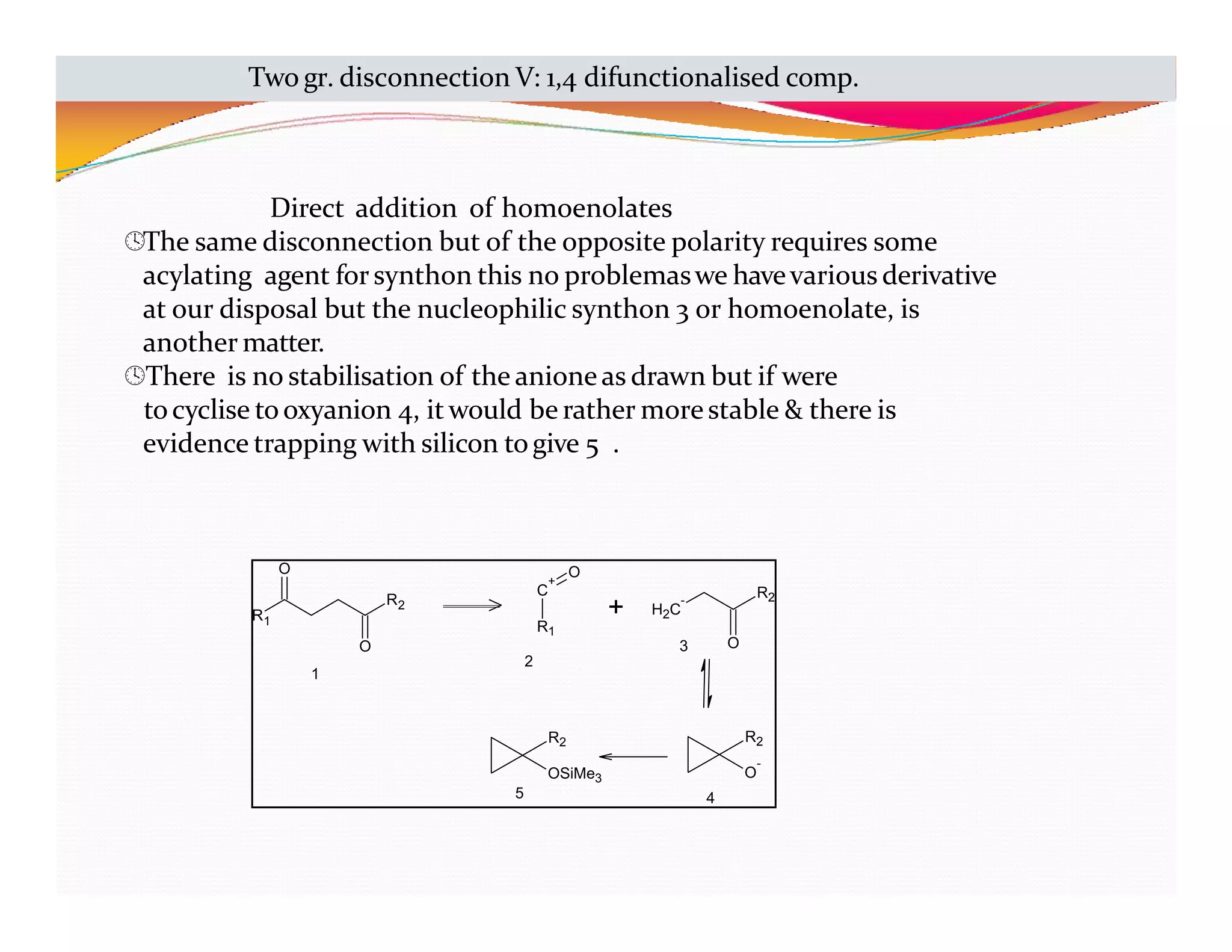 R1
R2
O
O
R1
C
+
O
H2C
-
R2
O
+
R2
O
-
1
2
3
4
R2
OSiMe3
5
Direct addition of homoenolates
The same disconnection but of the opposite polarity requires some
acylating agent forsynthon this no problemaswe havevarious derivative
at our disposal but the nucleophilic synthon 3 or homoenolate, is
another matter.
There is no stabilisation of the anioneas drawn but if were
tocyclise tooxyanion 4, it would be rather morestable & there is
evidence trapping with silicon togive 5 .
Two gr. disconnection V: 1,4 difunctionalised comp.
 