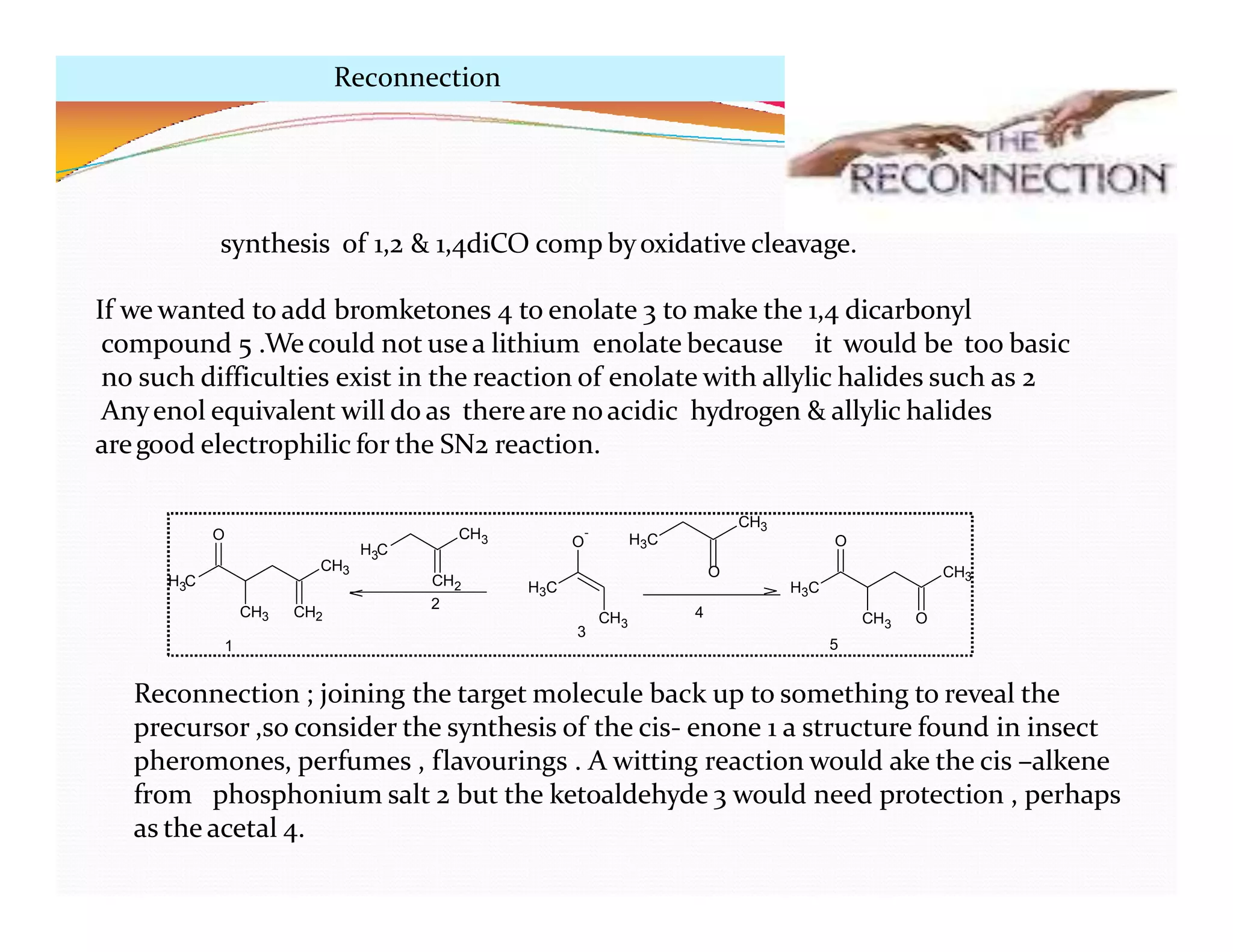 synthesis of 1,2 & 1,4diCO comp byoxidative cleavage.
If we wanted to add bromketones 4 to enolate 3 to make the 1,4 dicarbonyl
compound 5 .Wecould not usea lithium enolate because it would be too basic
no such difficulties exist in the reaction of enolate with allylic halides such as 2
Anyenol equivalent will do as thereare noacidic hydrogen & allylic halides
aregood electrophilic for the SN2 reaction.
H C
3
CH3
CH3 CH2
O
H C
3
CH3
CH2 H3C
CH3
O
-
H3C
CH3
CH3
O
CH3
O
2
3
O
H3C
4
1 5
Reconnection ; joining the target molecule back up to something to reveal the
precursor ,so consider the synthesis of the cis- enone 1 a structure found in insect
pheromones, perfumes , flavourings . A witting reaction would ake the cis –alkene
from phosphonium salt 2 but the ketoaldehyde 3 would need protection , perhaps
as the acetal 4.
Reconnection
 