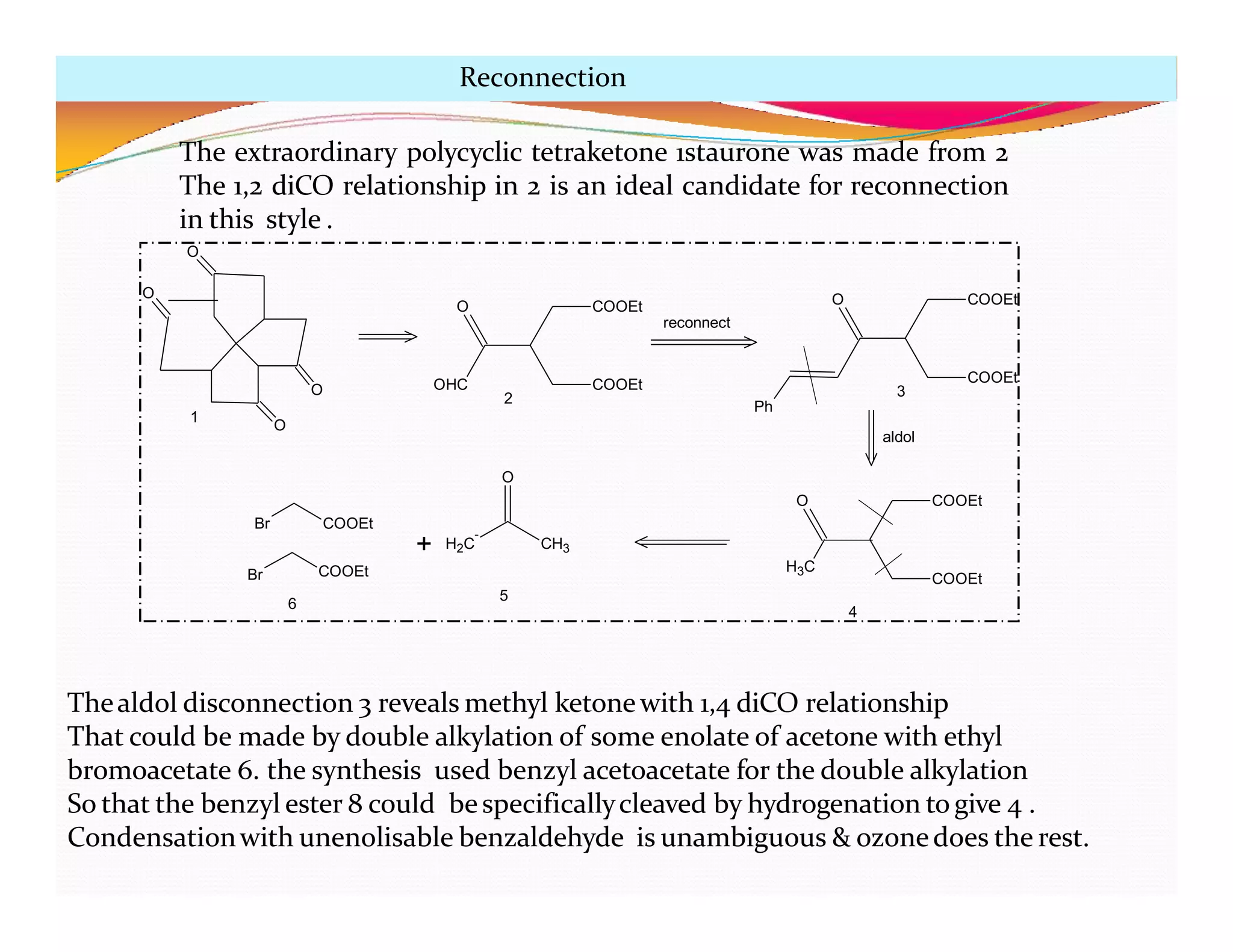 O
O
O OHC
O
COOEt
COOEt
COOEt
O COOEt
Ph
reconnect
aldol
O
COOEt
COOEt
H3C
H2C
-
CH3
O
Br COOEt
Br COOEt
+
1
2 3
4
5
6
The extraordinary polycyclic tetraketone 1staurone was made from 2
The 1,2 diCO relationship in 2 is an ideal candidate for reconnection
in this style .
O
Thealdol disconnection 3 reveals methyl ketonewith 1,4 diCO relationship
That could be made by double alkylation of some enolate of acetone with ethyl
bromoacetate 6. the synthesis used benzyl acetoacetate for the double alkylation
So that the benzyl ester 8 could bespecificallycleaved by hydrogenation to give 4 .
Condensationwith unenolisable benzaldehyde is unambiguous & ozonedoes the rest.
Reconnection
 