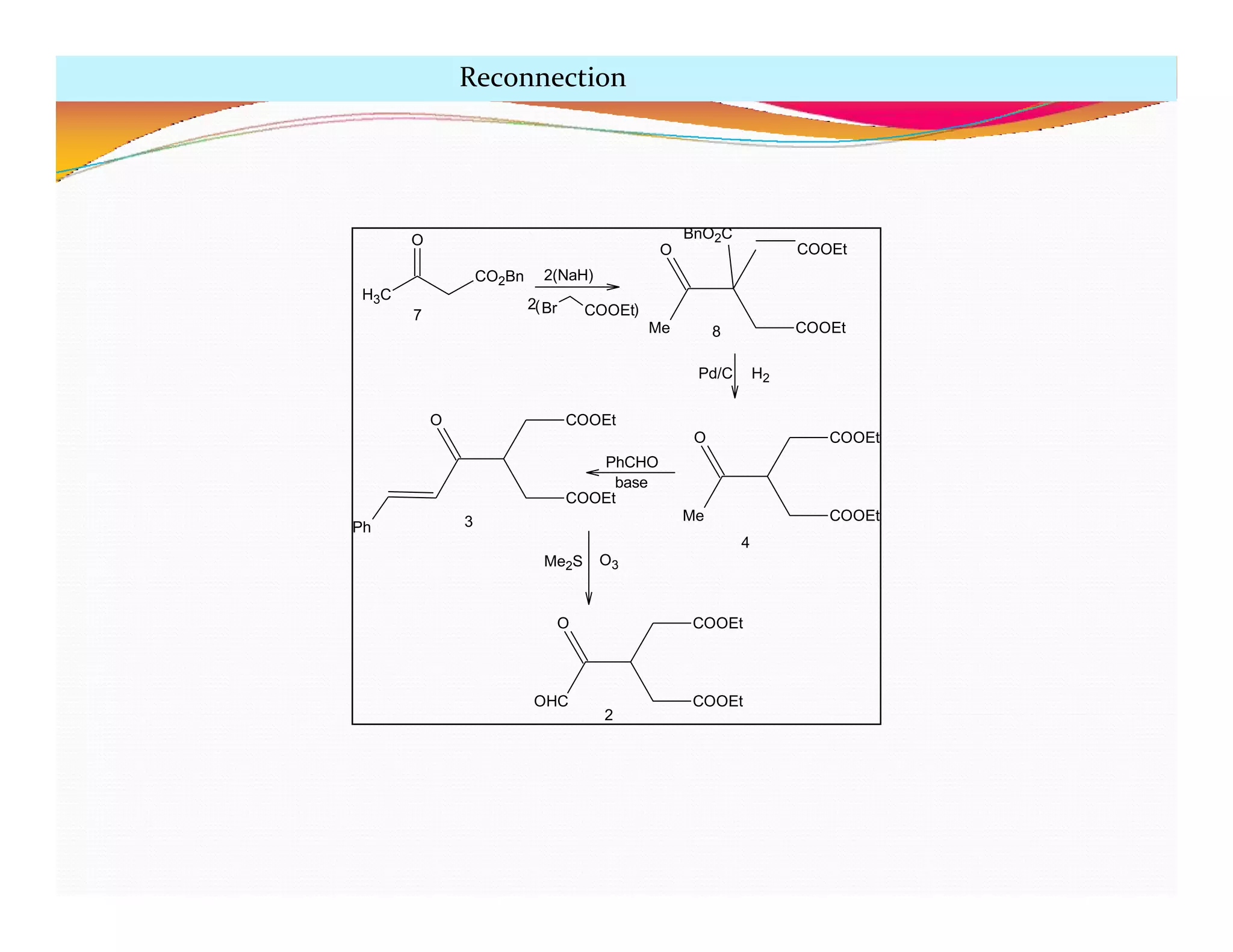 H3C
CO2Bn
O
2(NaH)
2(Br COOEt)
Me
O
COOEt
BnO2C
COOEt
Me
O
COOEt
COOEt
Pd/C H2
O COOEt
Ph
PhCHO
base
COOEt
OHC
O
COOEt
COOEt
2
7
8
4
3
O3
Me2S
Reconnection
 