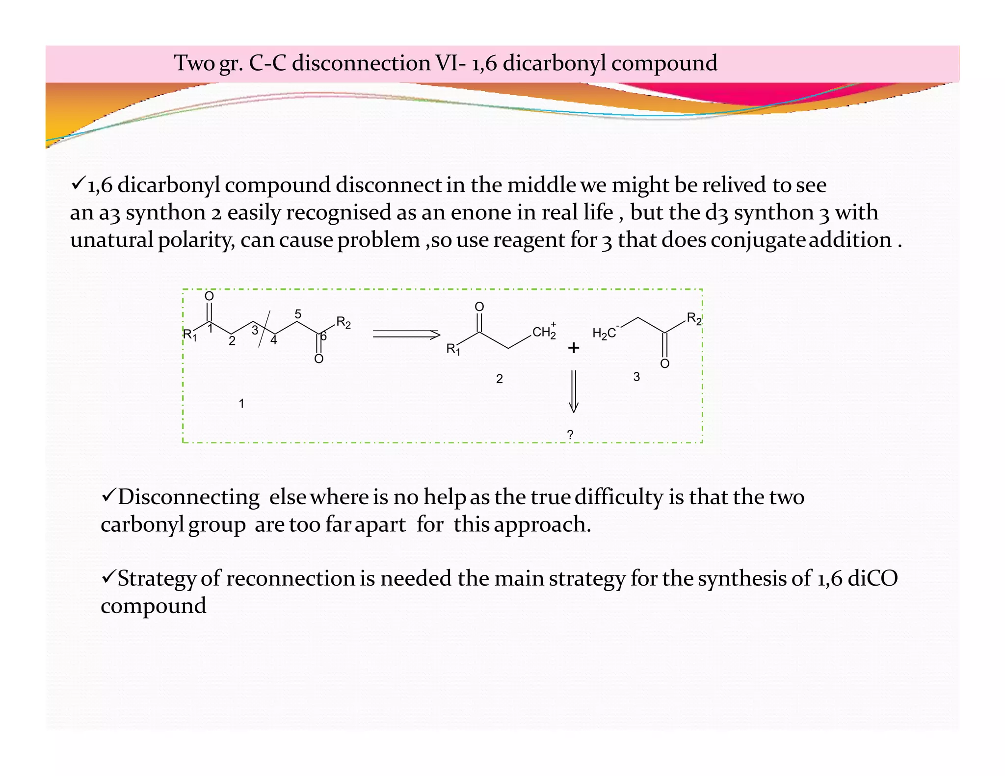 Two gr. C-C disconnection VI- 1,6 dicarbonyl compound
R1
R2
O
R1
CH2
+
O
H2C
-
R2
O
+
?
1
2
3
4
5
6
O
1
2 3
1,6 dicarbonyl compound disconnectin the middlewe might be relived to see
an a3 synthon 2 easily recognised as an enone in real life , but the d3 synthon 3 with
unatural polarity, can cause problem ,so use reagent for 3 that does conjugateaddition .
Disconnecting elsewhere is no helpas the truedifficulty is that the two
carbonylgroup are too farapart for this approach.
Strategyof reconnection is needed the main strategy for the synthesis of 1,6 diCO
compound
 