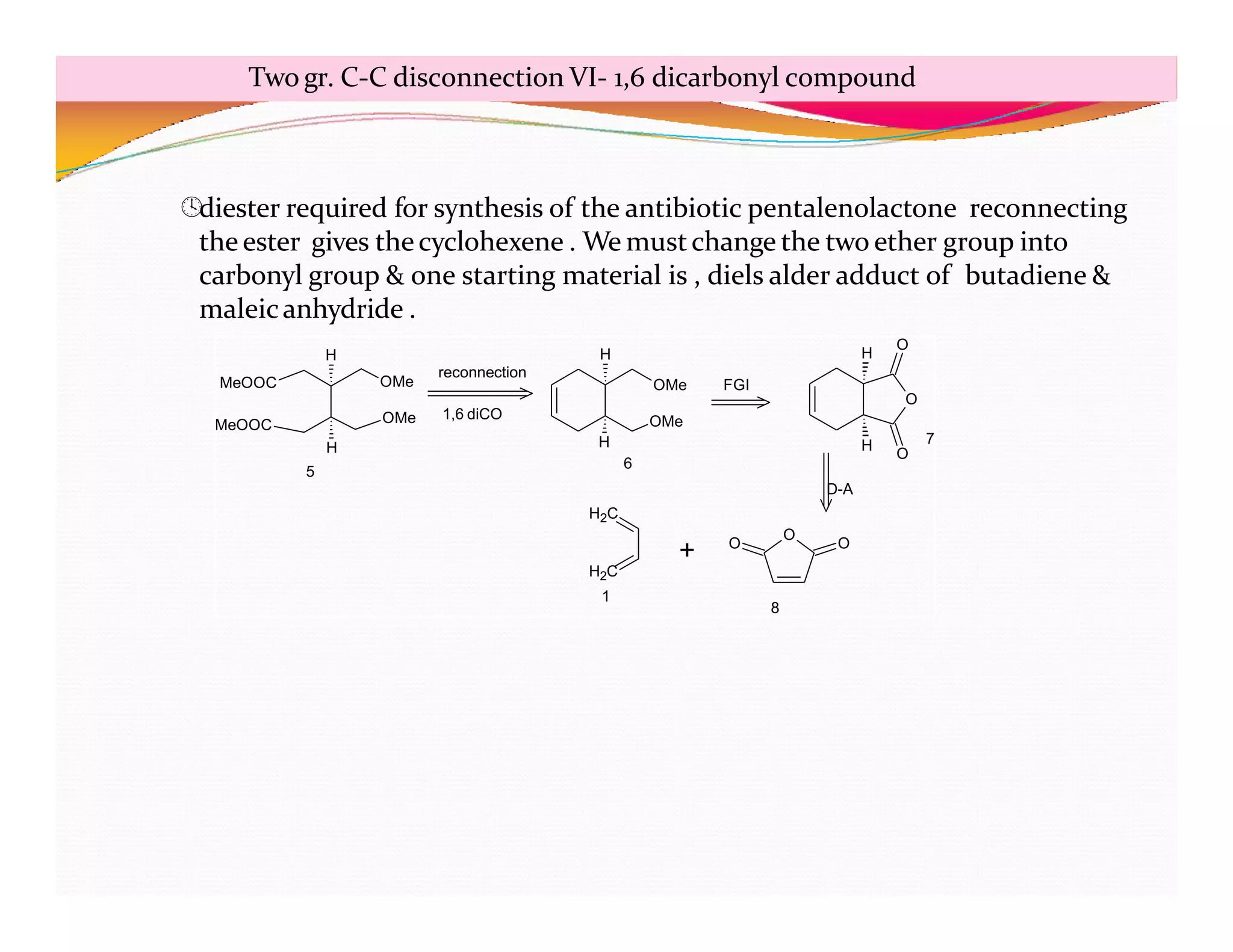 MeOOC
MeOOC OMe
OMe
H H
O
O
O
H H H
H
O
O
O
+
H2C
H2C
1
5
6
7
8
reconnection
1,6 diCO
OMe FGI
OMe
D-A
diester required for synthesis of the antibiotic pentalenolactone reconnecting
the ester gives thecyclohexene . We mustchange the two ether group into
carbonyl group & one starting material is , diels alder adduct of butadiene &
maleicanhydride .
Two gr. C-C disconnection VI- 1,6 dicarbonyl compound
 
