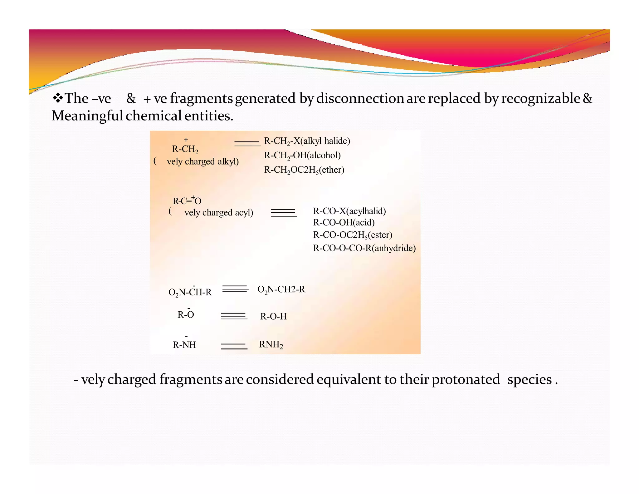 R-O-H
RNH2
( vely charged alkyl)
R-CH -OH(alcohol)
2
R-CH2OC2H5(ether)
( R-CO-X(acylhalid)
R-CO-OH(acid)
R-CO-OC2H5(ester)
R-CO-O-CO-R(anhydride)
O2N-CH-R 2
O N-CH2-R
R-O
R-NH
+
R-CH2
R-CH2-X(alkyl halide)
R-C=+O
vely charged acyl)
-
-
-
The –ve & + ve fragmentsgenerated bydisconnectionarereplaced by recognizable&
Meaningfulchemical entities.
- velycharged fragmentsareconsidered equivalent to their protonated species .
 