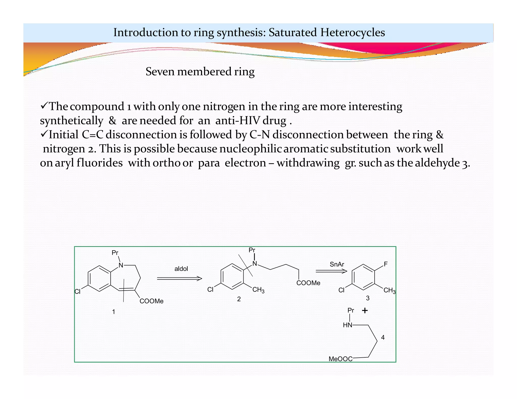 N
Pr
COOMe
Cl Cl
N
CH3
COOMe
Pr
Cl CH3
F
Pr
1
2 3
HN
4
MeOOC
+
aldol
SnAr
Seven membered ring
Thecompound 1 with only one nitrogen in the ring are more interesting
synthetically & are needed for an anti-HIV drug .
Initial C=C disconnection is followed by C-N disconnection between the ring &
nitrogen 2. This is possible because nucleophilicaromaticsubstitution workwell
on aryl fluorides with orthoor para electron – withdrawing gr. such as the aldehyde 3.
Introduction to ring synthesis: Saturated Heterocycles
 