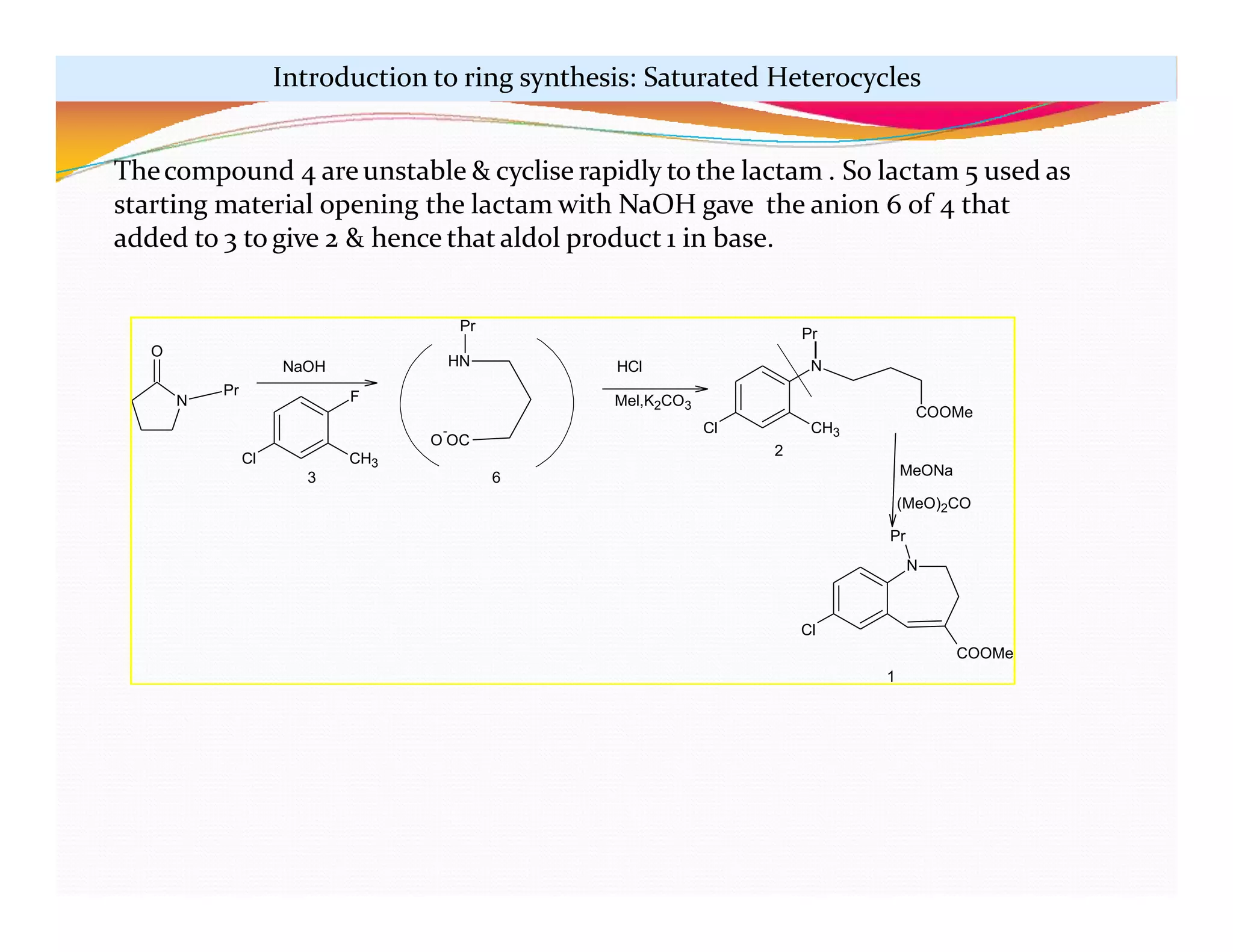 N
O
Pr
Cl CH3
F
3
HN
-
O OC
Pr
Cl
N
CH3
COOMe
Pr
2
HCl
NaOH
Mel,K2CO3
MeONa
6
(MeO)2CO
Pr
N
Cl
COOMe
1
Thecompound 4 are unstable & cyclise rapidly to the lactam . So lactam 5 used as
starting material opening the lactam with NaOH gave the anion 6 of 4 that
added to 3 to give 2 & hence that aldol product 1 in base.
Introduction to ring synthesis: Saturated Heterocycles
 
