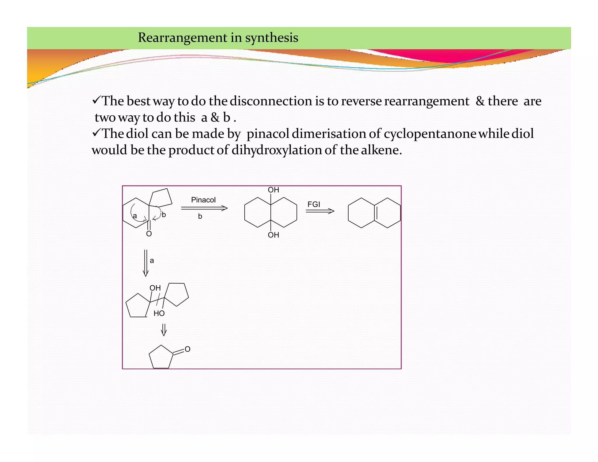 O
a b
OH
OH
O
a
OH
HO
b
Pinacol
FGI
The bestway todo thedisconnection is to reverserearrangement & there are
twoway todo this a & b .
Thediol can be made by pinacol dimerisation of cyclopentanonewhilediol
would be the productof dihydroxylation of the alkene.
Rearrangement in synthesis
 