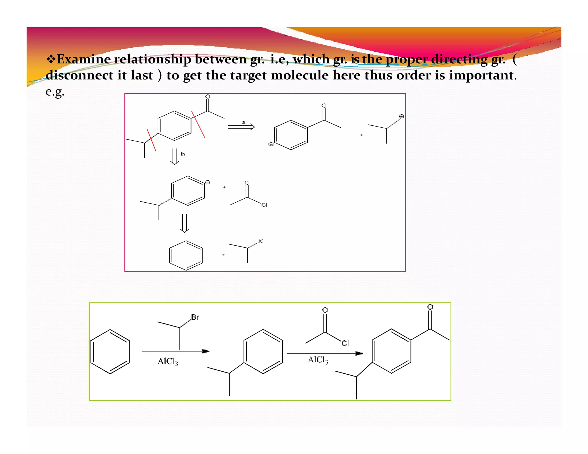 Examine relationship between gr. i.e, which gr. is the proper directing gr. (
disconnect it last ) to get the target molecule here thus order is important.
e.g.
 