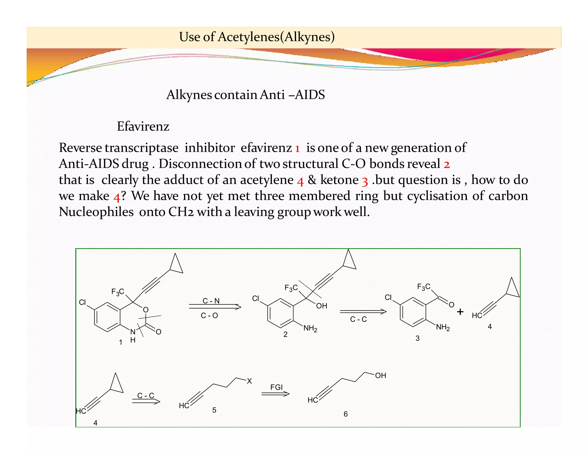 O
N
H
O
3
F C
Cl OH
NH2
F3C
Cl
O
NH2
F3C
Cl
+ HC
HC
HC
X
HC
OH
C - N
C - O
C - C
C - C
FGI
1
2
3
4
4
5
6
Alkynescontain Anti –AIDS
Efavirenz
Reverse transcriptase inhibitor efavirenz 1 is oneof a new generation of
Anti-AIDS drug . Disconnectionof two structural C-O bonds reveal 2
that is clearly the adduct of an acetylene 4 & ketone 3 .but question is , how to do
we make 4? We have not yet met three membered ring but cyclisation of carbon
Nucleophiles onto CH2 with a leaving groupwork well.
Use of Acetylenes(Alkynes)
 