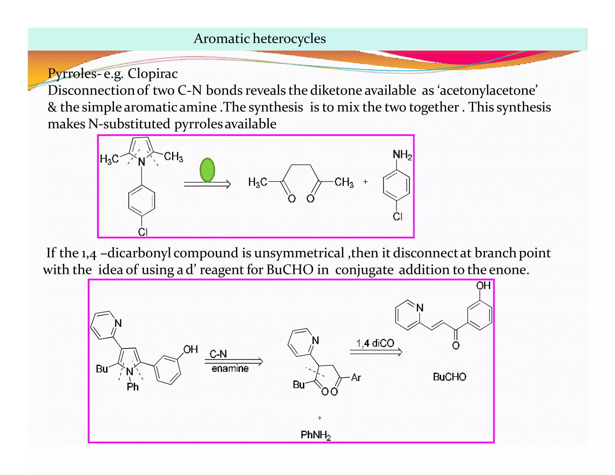 If the 1,4 –dicarbonyl compound is unsymmetrical ,then it disconnectat branchpoint
with the idea of using ad’ reagent for BuCHO in conjugate addition to the enone.
Aromatic heterocycles
Pyrroles-e.g. Clopirac
Disconnectionof two C-N bonds reveals the diketone available as ‘acetonylacetone’
& the simplearomaticamine .The synthesis is to mix the two together . This synthesis
makes N-substituted pyrrolesavailable
 