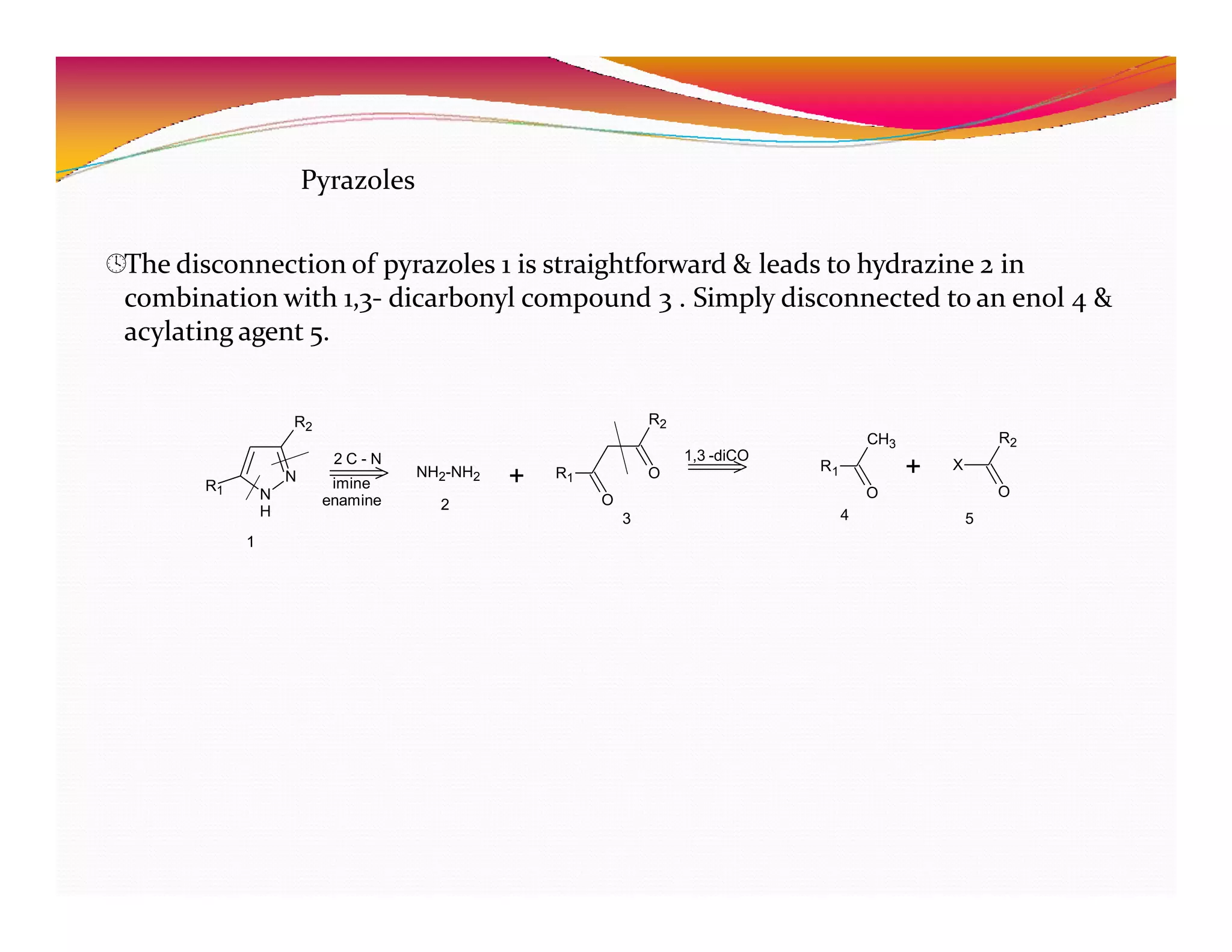 N
N
H
R2
R1
+ R1
O
R2
O R1
O
CH3
X
O
R2
+
2 C - N
imine
enamine
1,3 -diCO
1
NH2-NH2
2
3 4 5
Pyrazoles
The disconnection of pyrazoles 1 is straightforward & leads to hydrazine 2 in
combination with 1,3- dicarbonyl compound 3 . Simply disconnected to an enol 4 &
acylating agent 5.
 