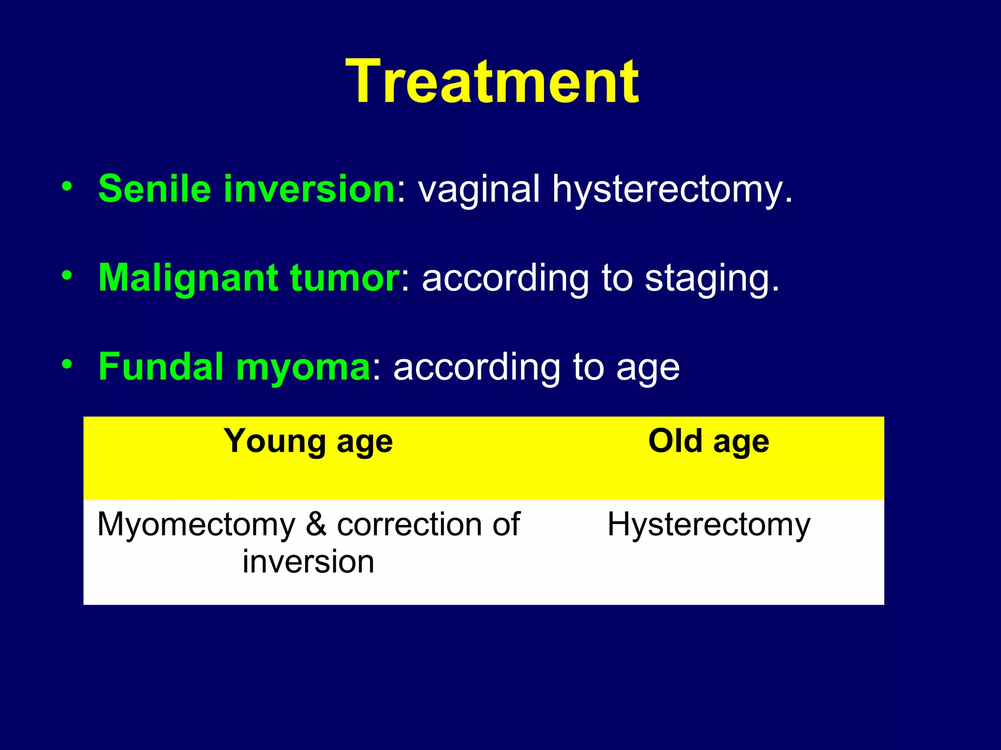 Treatment
• Senile inversion: vaginal hysterectomy.
• Malignant tumor: according to staging.
• Fundal myoma: according to age
Young age Old age
Myomectomy & correction of
inversion
Hysterectomy
 