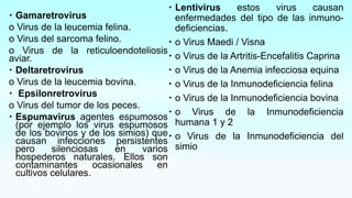 Gamaretrovirus
o Virus de la leucemia felina.
o Virus del sarcoma felino.
o Virus de la reticuloendoteliosis
aviar.
 Deltaretrovirus
o Virus de la leucemia bovina.
 Epsilonretrovirus
o Virus del tumor de los peces.
 Espumavirus agentes espumosos
(por ejemplo los virus espumosos
de los bovinos y de los simios) que
causan infecciones persistentes
pero silenciosas en varios
hospederos naturales. Ellos son
contaminantes ocasionales en
cultivos celulares.
 Lentivirus estos virus causan
enfermedades del tipo de las inmuno-
deficiencias.
 o Virus Maedi / Visna
 o Virus de la Artritis-Encefalitis Caprina
 o Virus de la Anemia infecciosa equina
 o Virus de la Inmunodeficiencia felina
 o Virus de la Inmunodeficiencia bovina
 o Virus de la Inmunodeficiencia
humana 1 y 2
 o Virus de la Inmunodeficiencia del
simio
 