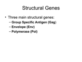 Structural Genes
• Three main structural genes:
– Group Specific Antigen (Gag)
– Envelope (Env)
– Polymerase (Pol)
 
