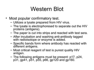 Western Blot
• Most popular confirmatory test.
– Utilizes a lysate prepared from HIV virus.
– The lysate is electrophoresed to separate out the HIV
proteins (antigens).
– The paper is cut into strips and reacted with test sera.
– After incubation and washing anti-antibody tagged
with radioisotope or enzyme is added.
– Specific bands form where antibody has reacted with
different antigens.
– Most critical reagent of test is purest quality HIV
antigen.
– The following antigens must be present: p17, p24,
p31, gp41, p51, p55, p66, gp120 and gp160.
 