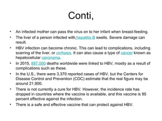 Conti,
• An infected mother can pass the virus on to her infant when breast-feeding.
• The liver of a person infected with hepatitis B swells. Severe damage can
result.
• HBV infection can become chronic. This can lead to complications, including
scarring of the liver, or cirrhosis. It can also cause a type of cancer known as
hepatocellular carcinoma.
• In 2015, 887,000 deaths worldwide were linked to HBV, mostly as a result of
complications such as these.
• In the U.S., there were 3,370 reported cases of HBV, but the Centers for
Disease Control and Prevention (CDC) estimate that the real figure may be
around 21,900.
• There is not currently a cure for HBV. However, the incidence rate has
dropped in countries where the vaccine is available, and this vaccine is 95
percent effective against the infection.
• There is a safe and effective vaccine that can protect against HBV.
 