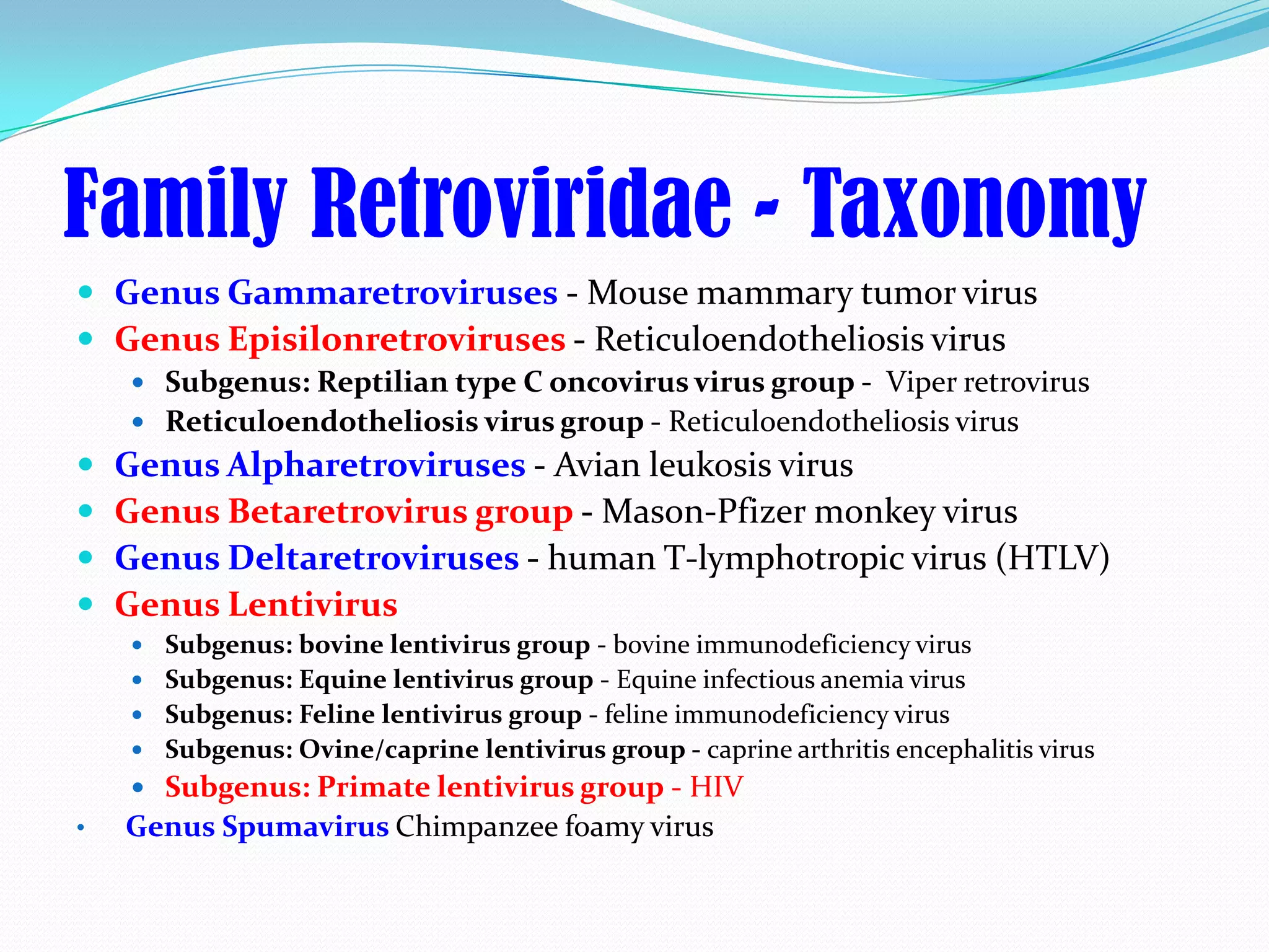 Family Retroviridae - Taxonomy
 Genus Gammaretroviruses - Mouse mammary tumor virus
 Genus Episilonretroviruses - Reticuloendotheliosis virus
     Subgenus: Reptilian type C oncovirus virus group - Viper retrovirus
     Reticuloendotheliosis virus group - Reticuloendotheliosis virus
   Genus Alpharetroviruses - Avian leukosis virus
   Genus Betaretrovirus group - Mason-Pfizer monkey virus
   Genus Deltaretroviruses - human T-lymphotropic virus (HTLV)
   Genus Lentivirus
     Subgenus: bovine lentivirus group - bovine immunodeficiency virus
     Subgenus: Equine lentivirus group - Equine infectious anemia virus
     Subgenus: Feline lentivirus group - feline immunodeficiency virus
     Subgenus: Ovine/caprine lentivirus group - caprine arthritis encephalitis virus
     Subgenus: Primate lentivirus group - HIV
•   Genus Spumavirus Chimpanzee foamy virus
 