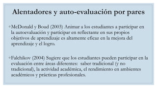 Alentadores y auto-evaluación por pares
◦McDonald y Boud (2003) Animar a los estudiantes a participar en
la autoevaluación y participar en reflectante en sus propios
objetivos de aprendizaje es altamente eficaz en la mejora del
aprendizaje y el logro.
◦Falchikov (2004) Sugiere que los estudiantes pueden participar en la
evaluación entre áreas diferentes: saber tradicional (y no
tradicional), la actividad académica, el rendimiento en ambientes
académicos y prácticas profesionales.
 