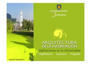 Organización, docencia y
           Pregrado:
Aplicaciones de la arquitectura
    de la información en la
         Universidad.


             Carolina Sandoval C.
                     2006.
 