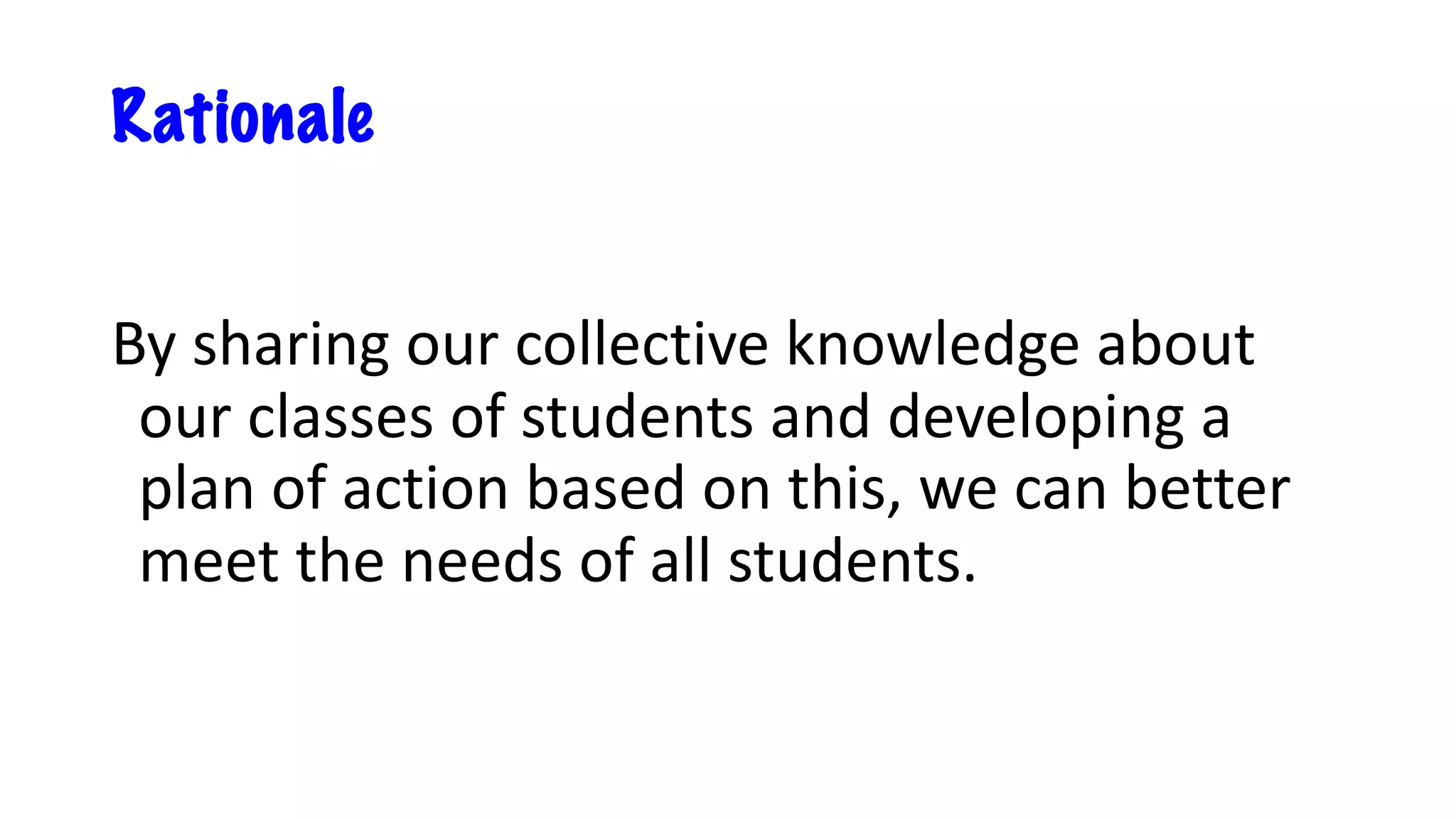 Rationale
By sharing our collective knowledge about
our classes of students and developing a
plan of action based on this, we can better
meet the needs of all students.
 