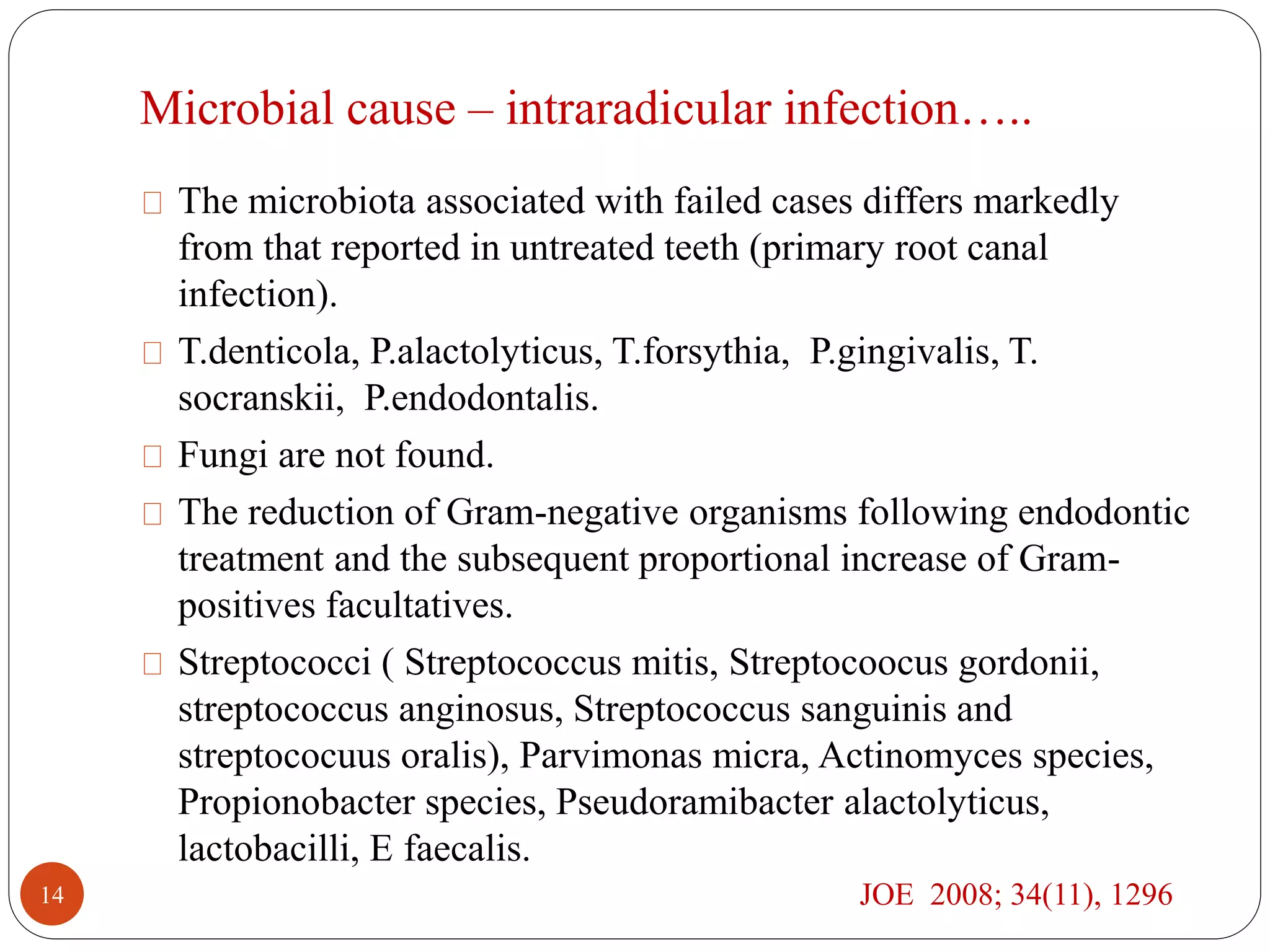Microbial cause – intraradicular infection….. 
The microbiota associated with failed cases differs markedly 
from that reported in untreated teeth (primary root canal 
infection). 
T.denticola, P.alactolyticus, T.forsythia, P.gingivalis, T. 
socranskii, P.endodontalis. 
Fungi are not found. 
The reduction of Gram-negative organisms following endodontic 
treatment and the subsequent proportional increase of Gram-positives 
facultatives. 
Streptococci ( Streptococcus mitis, Streptocoocus gordonii, 
streptococcus anginosus, Streptococcus sanguinis and 
streptococuus oralis), Parvimonas micra, Actinomyces species, 
Propionobacter species, Pseudoramibacter alactolyticus, 
lactobacilli, E faecalis. 
14 JOE 2008; 34(11), 1296 
 