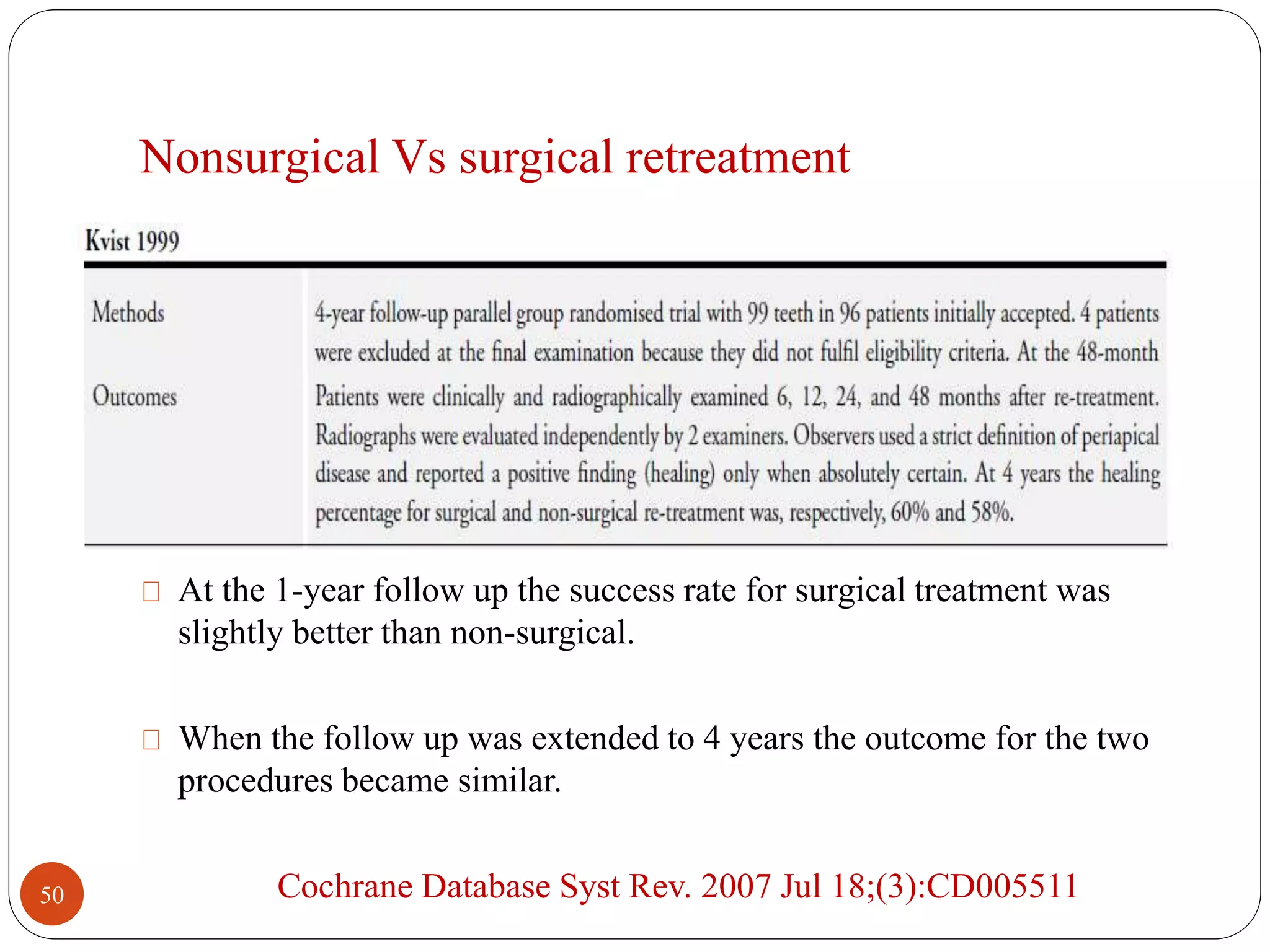 Nonsurgical Vs surgical retreatment 
At the 1-year follow up the success rate for surgical treatment was 
slightly better than non-surgical. 
When the follow up was extended to 4 years the outcome for the two 
procedures became similar. 
Cochrane 50 Database Syst Rev. 2007 Jul 18;(3):CD005511 
 