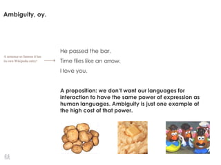 Ambiguity, oy.
He passed the bar.
Time flies like an arrow.
I love you.
A proposition: we don’t want our languages for
interaction to have the same power of expression as
human languages. Ambiguity is just one example of
the high cost of that power.
A sentence so famous it has
its own Wikipedia entry!
 