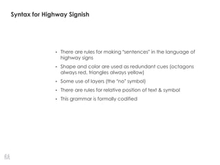 Syntax for Highway Signish
• There are rules for making “sentences” in the language of
highway signs
• Shape and color are used as redundant cues (octagons
always red, triangles always yellow)
• Some use of layers (the “no” symbol)
• There are rules for relative position of text & symbol
• This grammar is formally codified
 