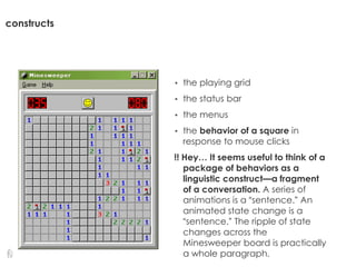 constructs
• the playing grid
• the status bar
• the menus
• the behavior of a square in
response to mouse clicks
!! Hey… It seems useful to think of a
package of behaviors as a
linguistic construct—a fragment
of a conversation. A series of
animations is a “sentence.” An
animated state change is a
“sentence.” The ripple of state
changes across the
Minesweeper board is practically
a whole paragraph.
 