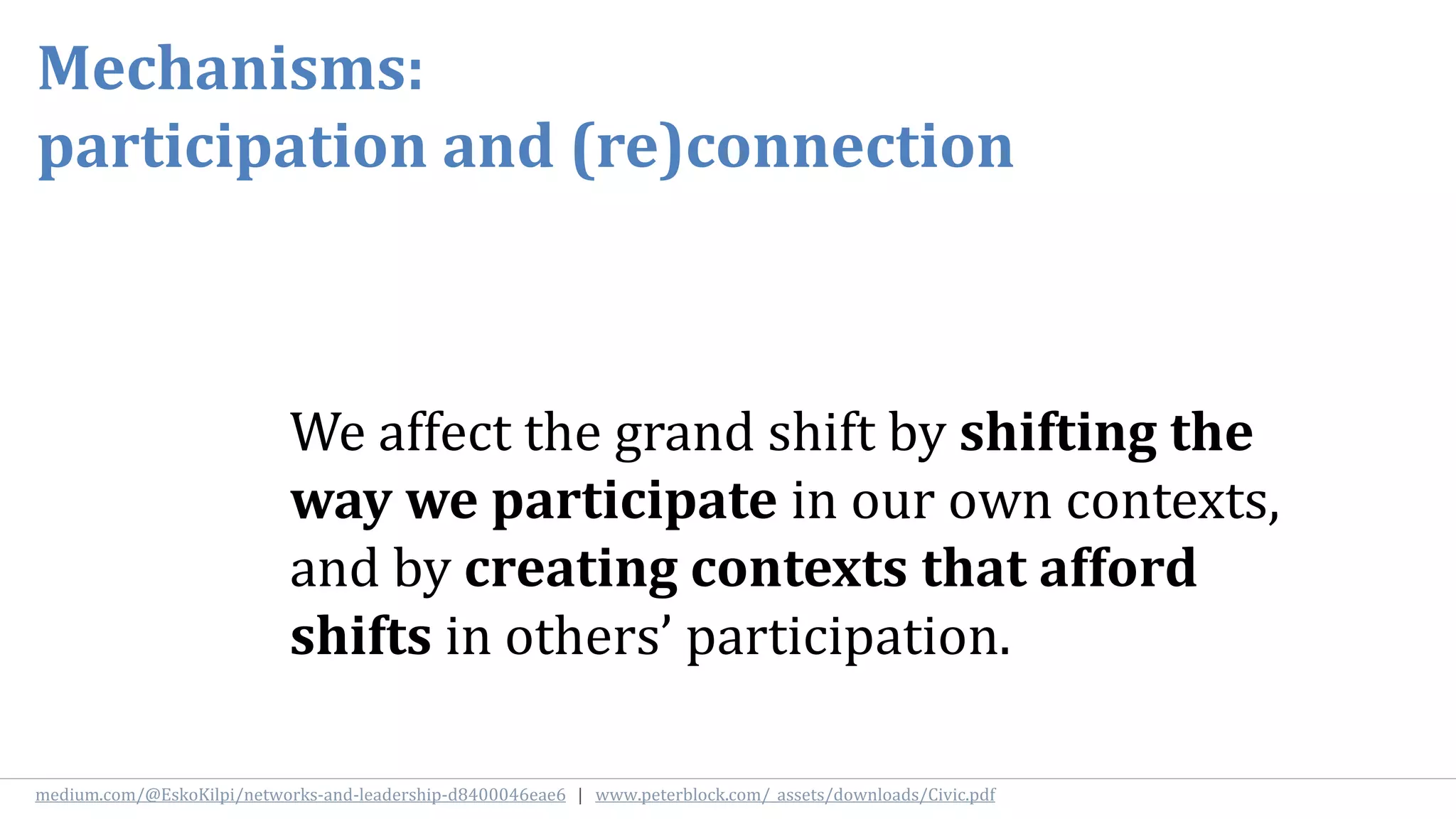 We affect the grand shift by shifting the
way we participate in our own contexts,
and by creating contexts that afford
shifts in others’ participation.
Mechanisms:
participation and (re)connection
medium.com/@EskoKilpi/networks-and-leadership-d8400046eae6 | www.peterblock.com/_assets/downloads/Civic.pdf
 