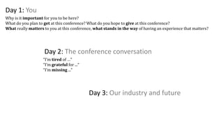 Day 1: You
Why is it important for you to be here?
What do you plan to get at this conference? What do you hope to give at this conference?
What really matters to you at this conference, what stands in the way of having an experience that matters?
Day 2: The conference conversation
“I’m tired of …”
“I’m grateful for ...“
“I’m missing ...”
Day 3: Our industry and future
 