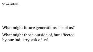 What might future generations ask of us?
What might those outside of, but affected
by our industry, ask of us?
So we asked…
 