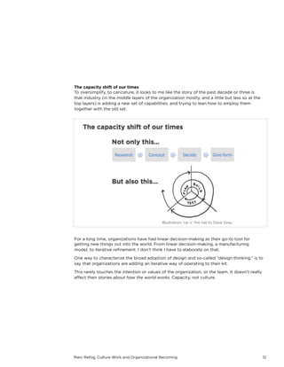 Marc Rettig, Culture Work and Organizational Becoming 12
The capacity shift of our times
To oversimplify, to caricature, it looks to me like the story of the past decade or three is
that industry (in the middle layers of the organization mostly, and a little but less so at the
top layers) is adding a new set of capabilities, and trying to lean how to employ them
together with the old set.
Illustration: tip o’ the hat to Dave Gray
For a long time, organizations have had linear decision-making as their go-to tool for
getting new things out into the world. From linear decision-making, a manufacturing
model, to iterative reﬁnement. I don’t think I have to elaborate on that.
One way to characterize the broad adoption of design and so-called “design thinking,” is to
say that organizations are adding an iterative way of operating to their kit.
This rarely touches the intention or values of the organization, or the team. It doesn’t really
aﬀect their stories about how the world works. Capacity, not culture.
 