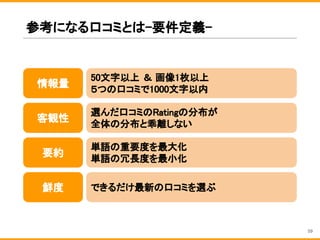 参考になる口コミとは-要件定義-
選んだ口コミのRatingの分布が
全体の分布と乖離しない
客観性
できるだけ最新の口コミを選ぶ鮮度
50文字以上 ＆ 画像1枚以上
５つの口コミで1000文字以内
情報量
単語の重要度を最大化
単語の冗長度を最小化
要約
59
 
