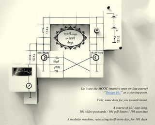 Let’s use the MOOC (massive open on-line course) 
“Design 101” as a starting point. 
First, some data for you to understand. 
A course of 101 days long. 
101 video-postcards / 101 pdf-letters / 101 exercises 
A modular machine, reiterating itself every day, for 101 days. 
 